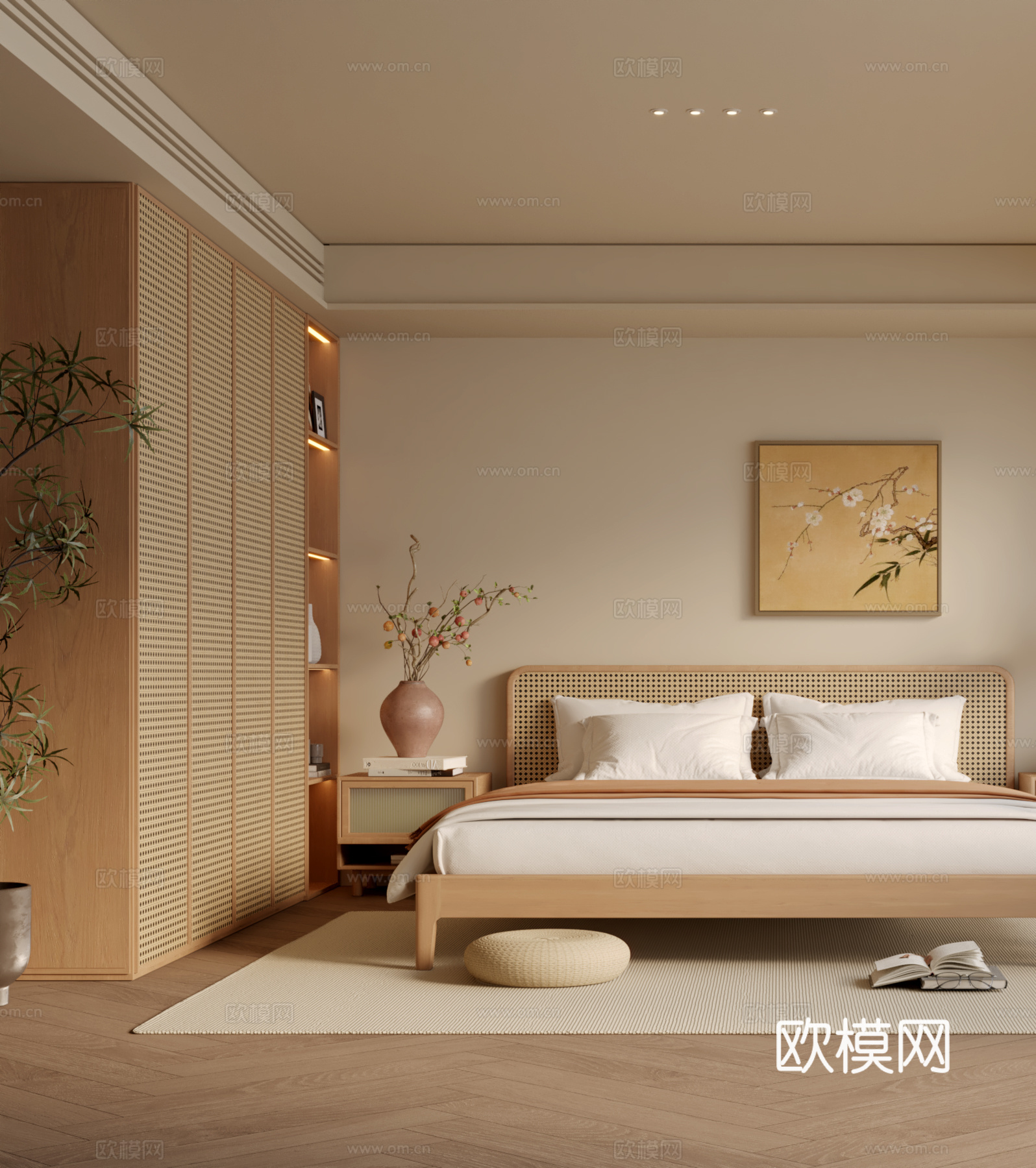 日式原木风卧室3d模型下载（渲染图2）