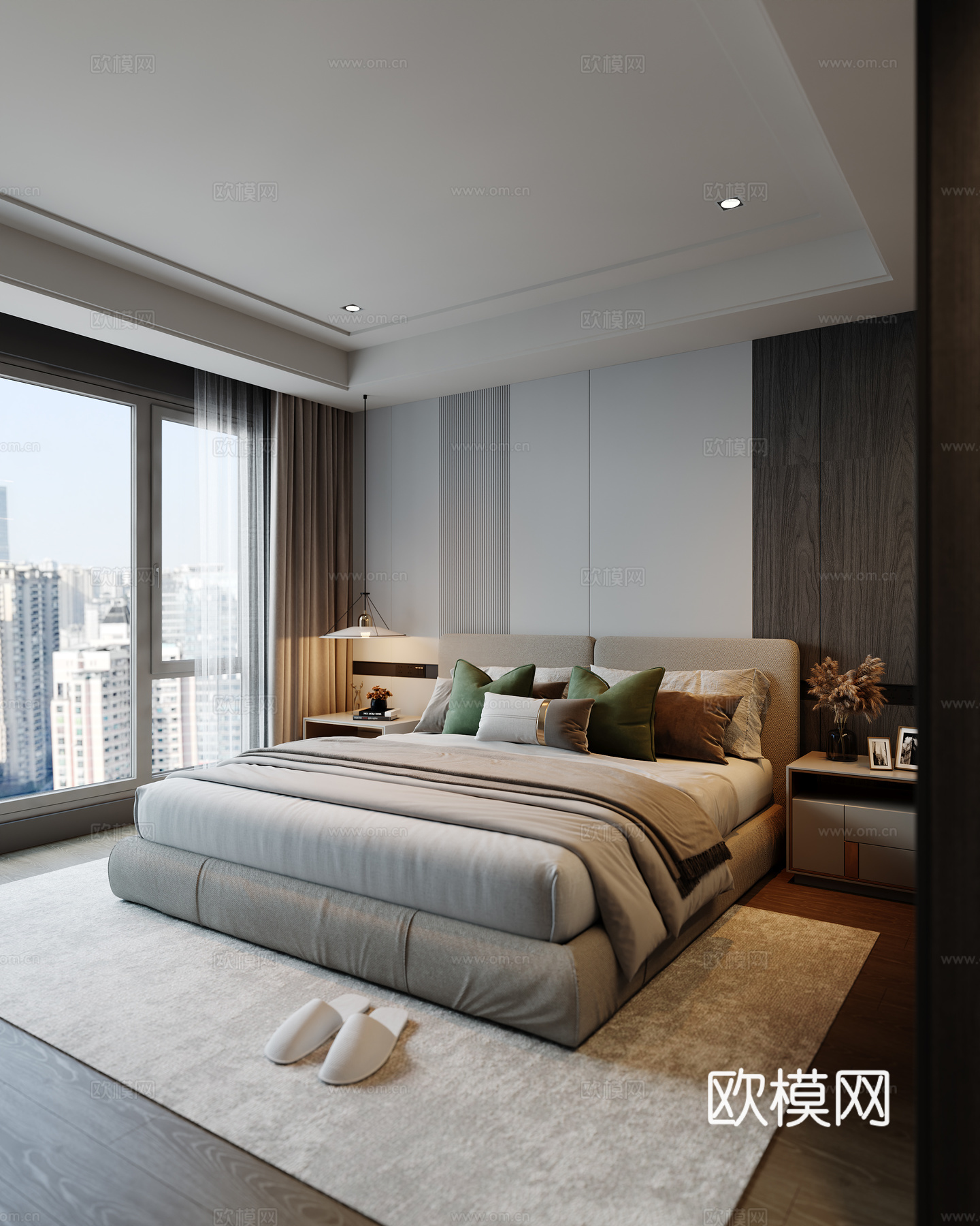 现代卧室 双人床 吊灯 地毯 床头柜su模型