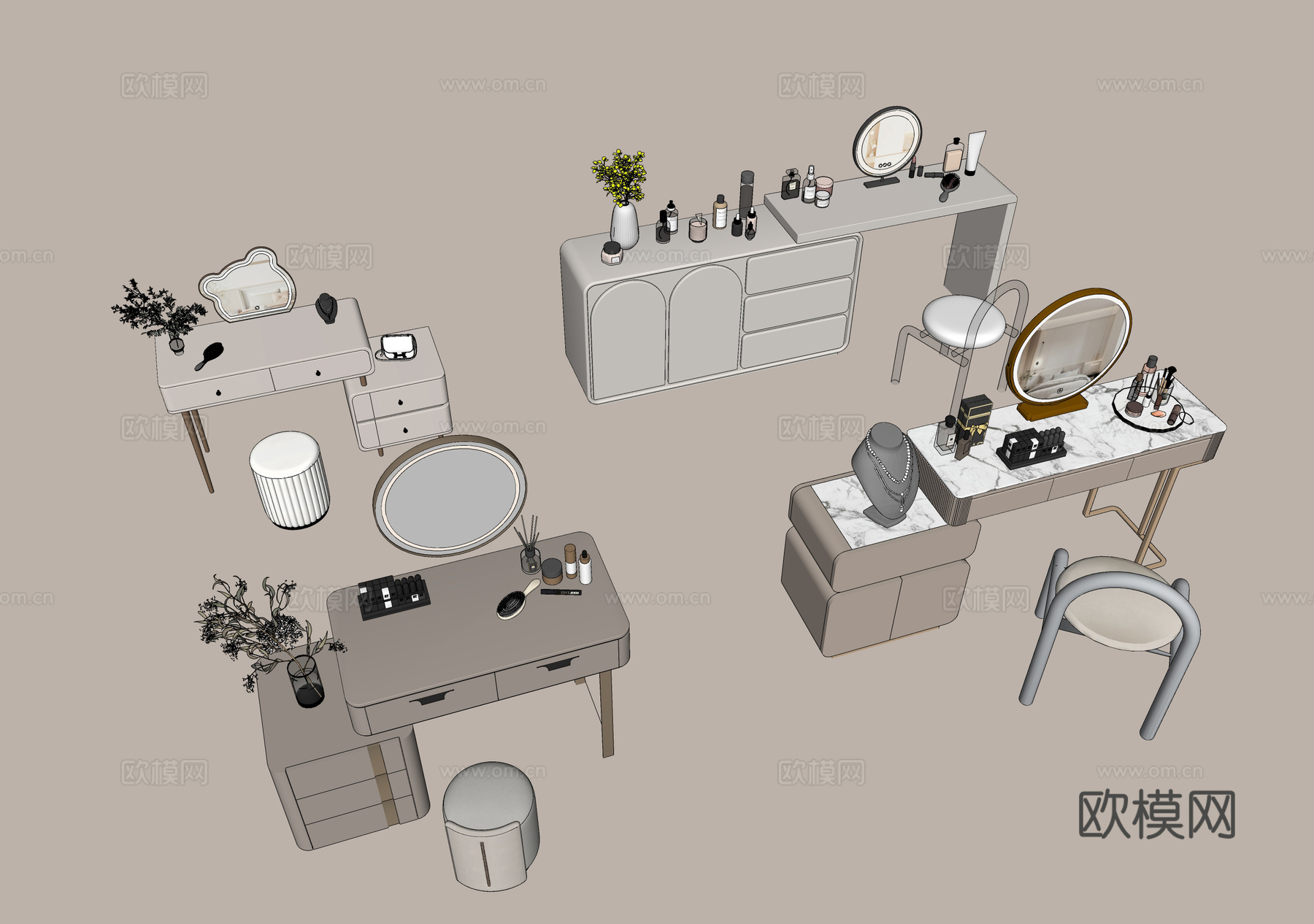 梳妆台 梳妆椅 矮凳 镜子 化妆品 饰品su模型