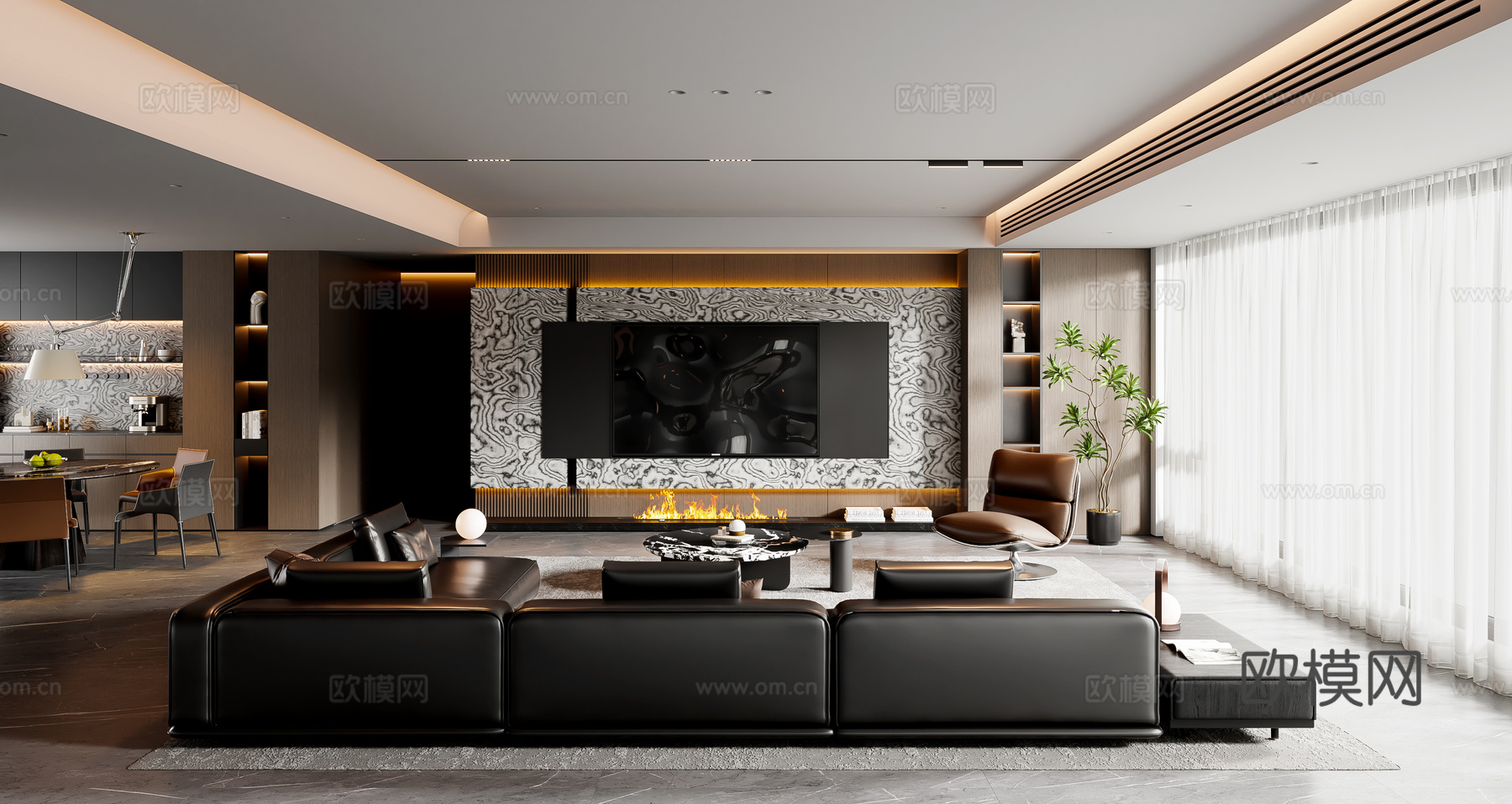 现代意式客餐厅 沙发茶几 餐桌椅 电视背景墙 餐边柜su模型