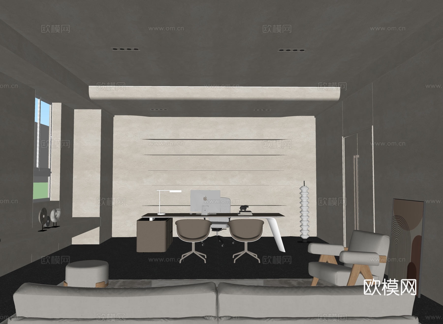 侘寂风办公室  老板办公室 班台 班椅 办公桌su模型