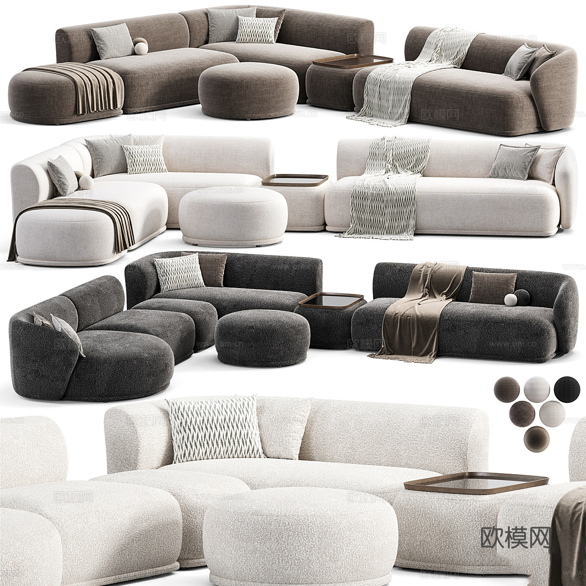 现代意式 Meridiani Rene 布艺组合沙发3d模型下载（渲染图1）