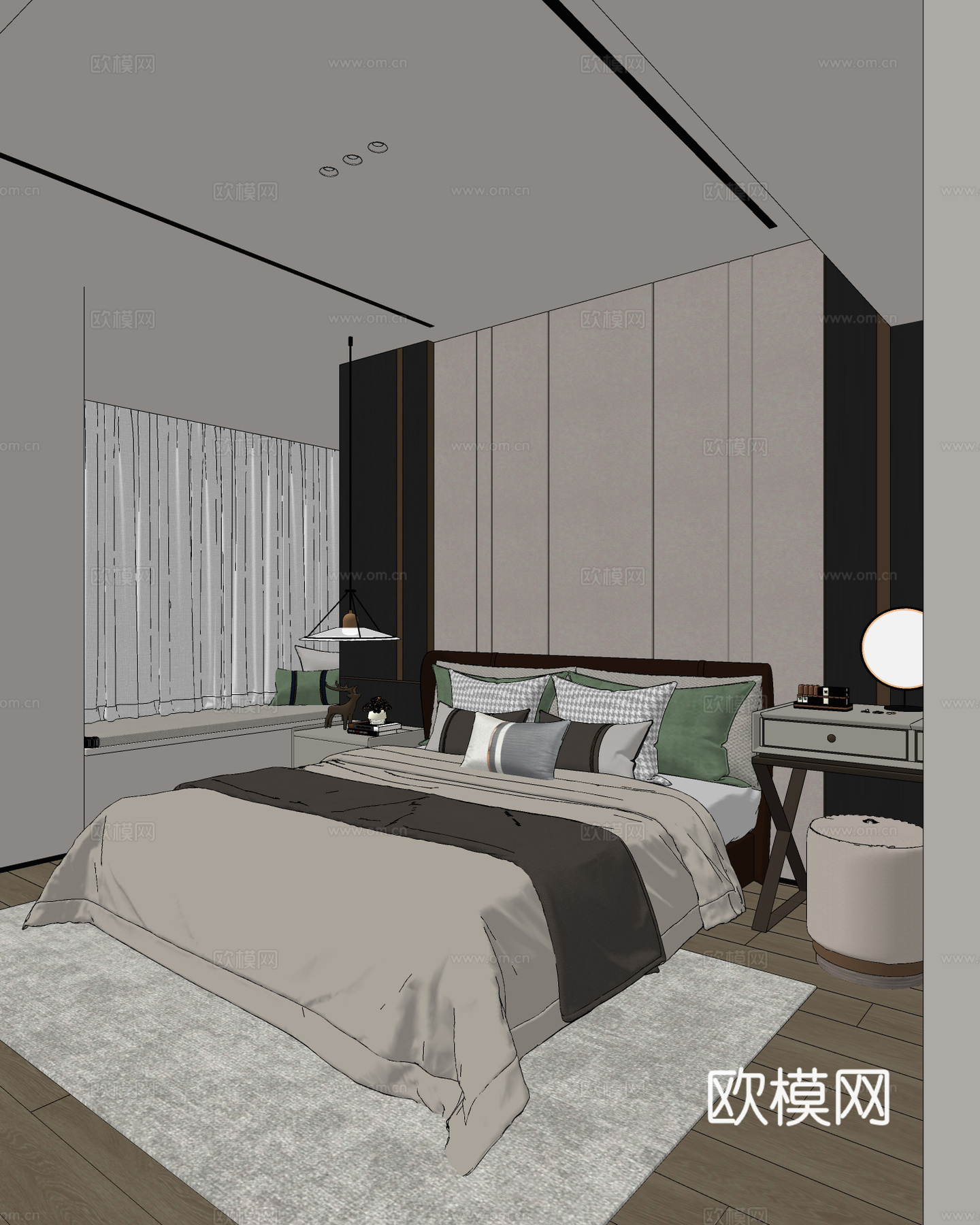 现代卧室 双人床 吊灯 地毯 床头柜 梳妆台su模型