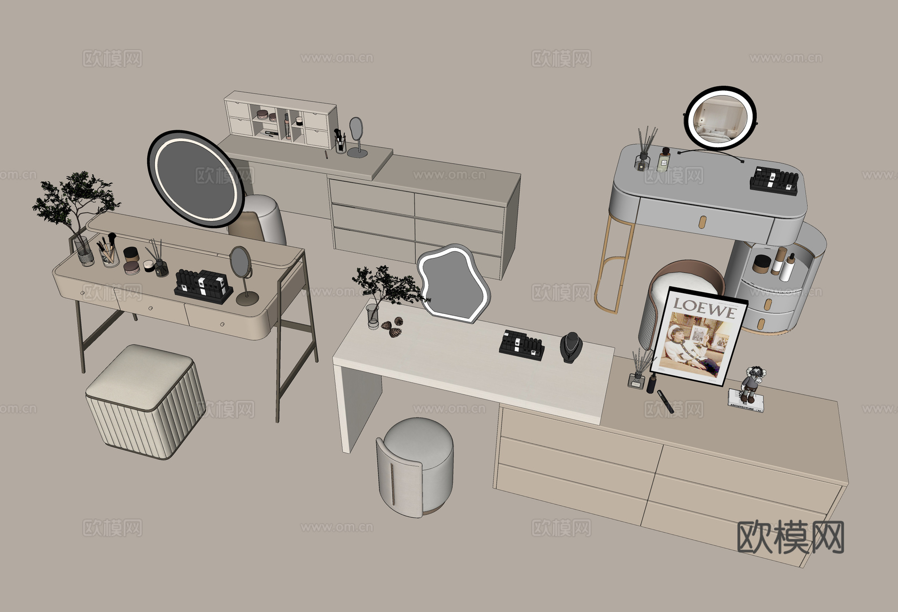梳妆台 梳妆椅 矮凳 镜子 化妆品 饰品su模型