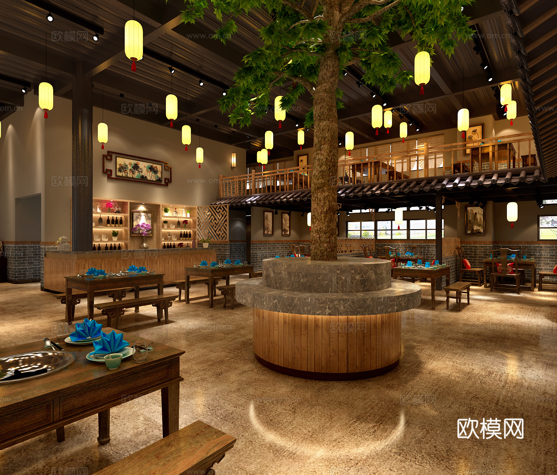 中式风格餐馆3d模型下载（渲染图2）