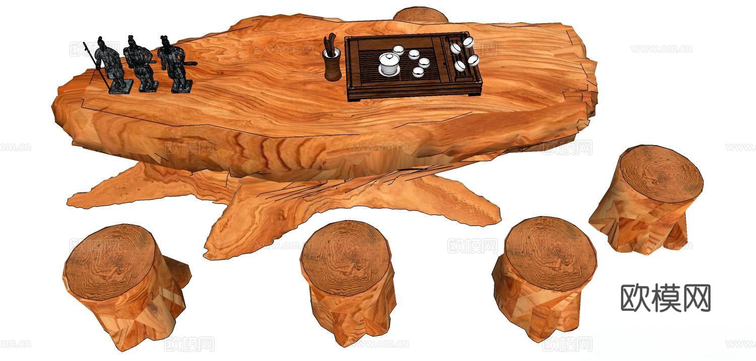 实木桌椅 实木椅子 实木桌子 椅子 桌子 茶桌椅su模型