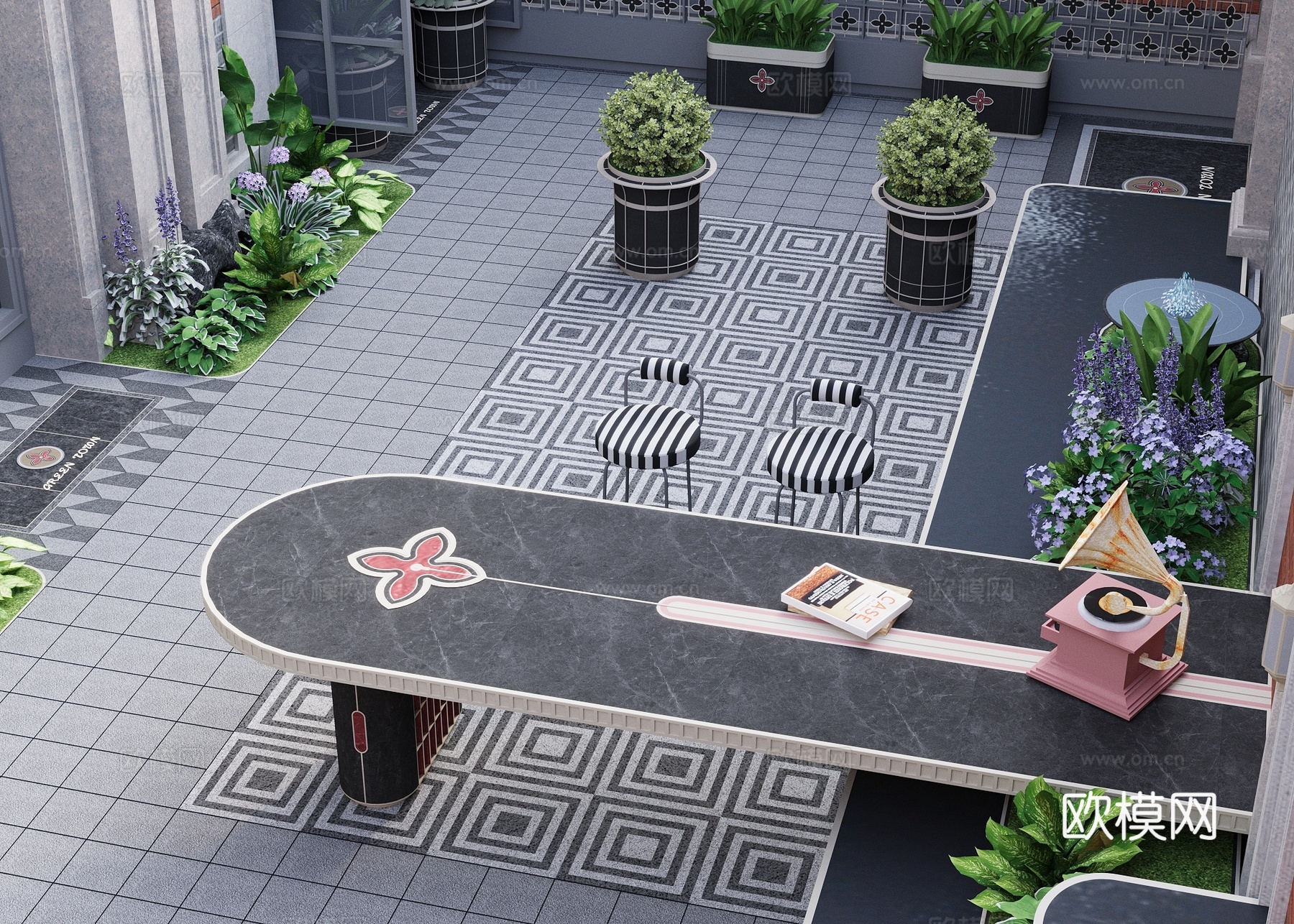 现代南法 复古别墅洋房 示范区 庭院花园 围墙景墙 水吧台su模型