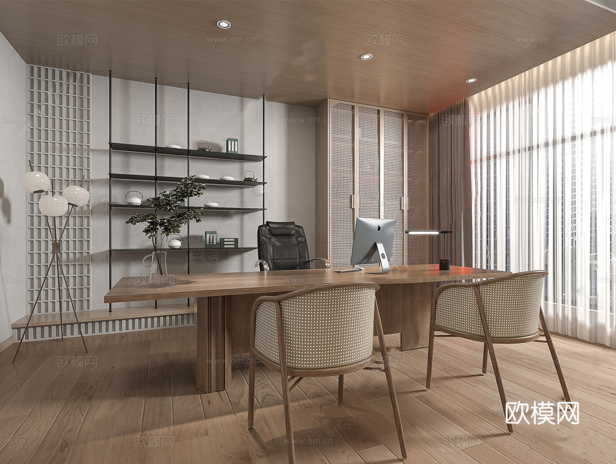 侘寂经理办公室 办公桌椅 沙发组su模型
