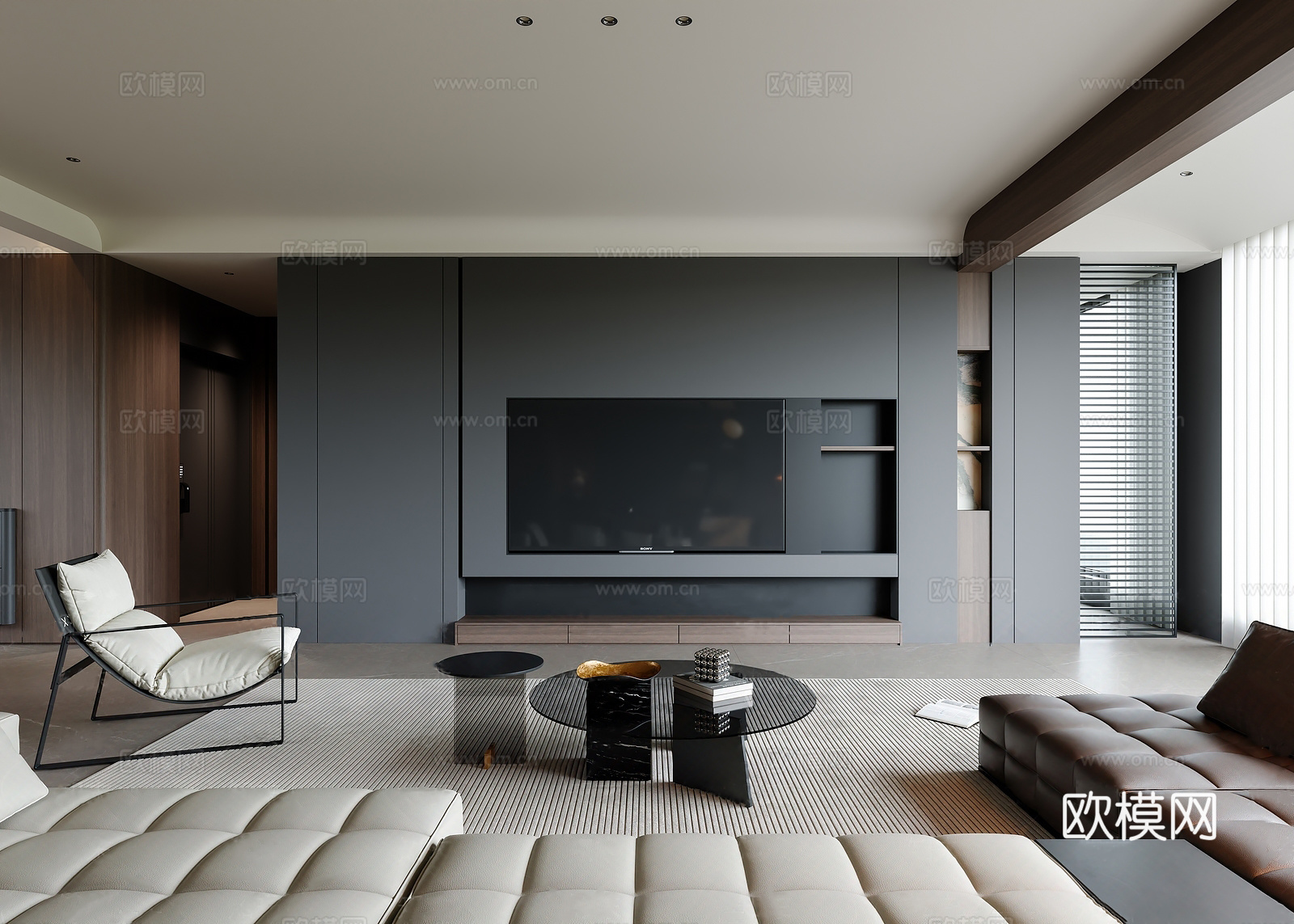 意式客厅电视背景 现代客厅茶几组合 现代黑白灰客厅 极简电视su模型