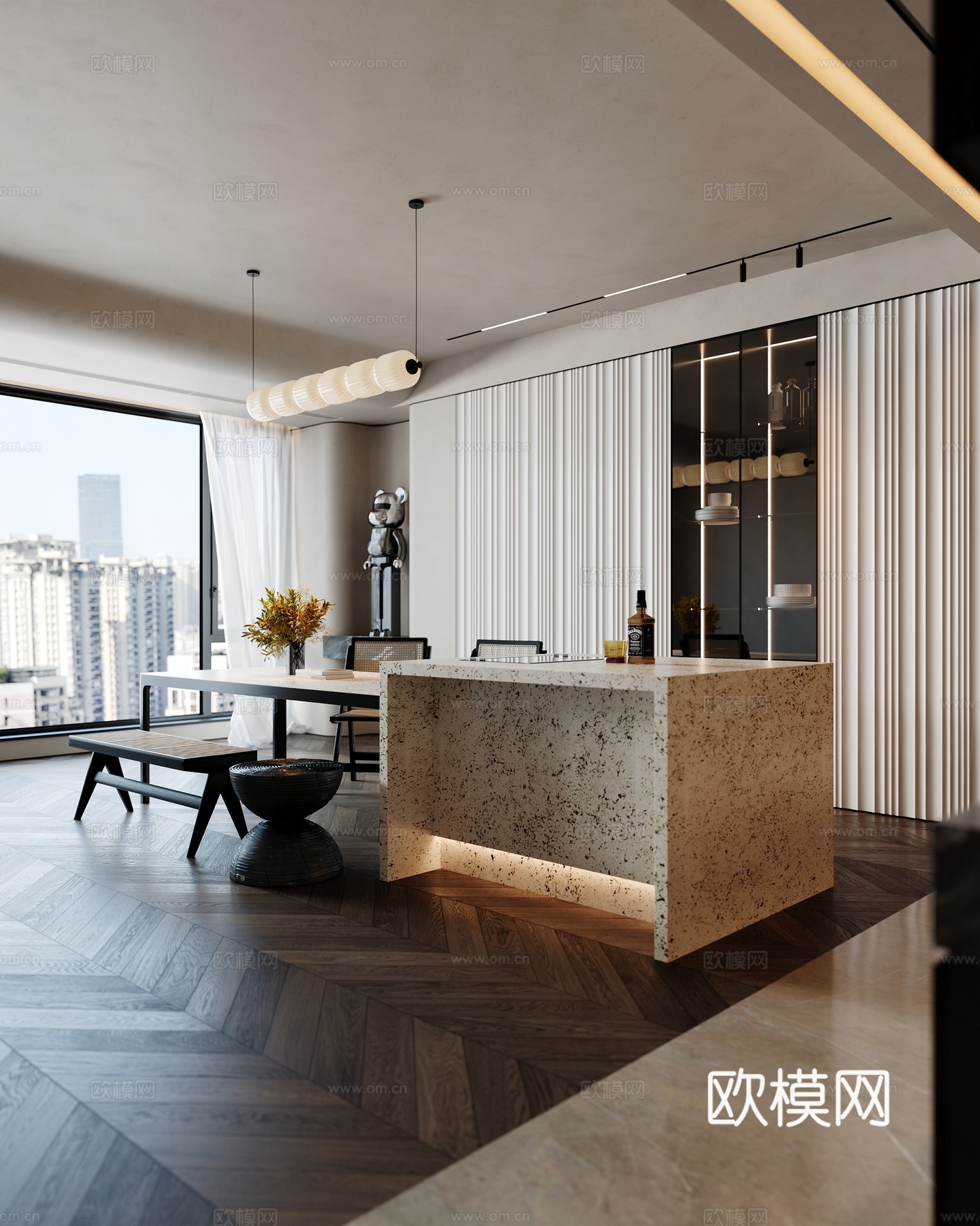 中古风餐厅 岛台餐厅 餐椅 吊灯su模型