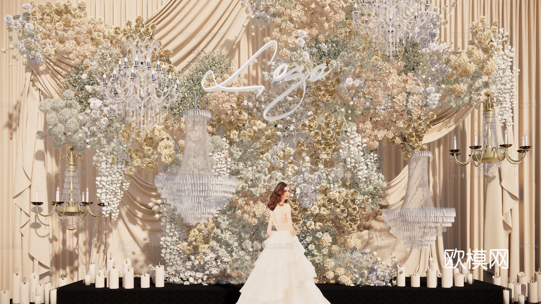 浅香槟色布幔花艺婚礼美陈su模型