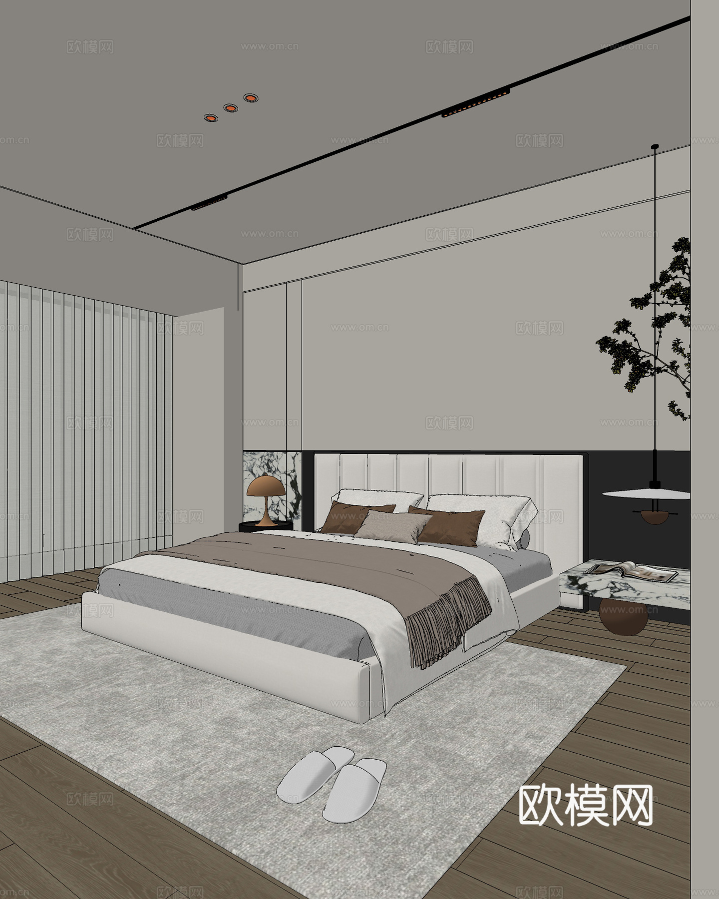 现代卧室 双人床 吊灯 地毯 床头柜su模型