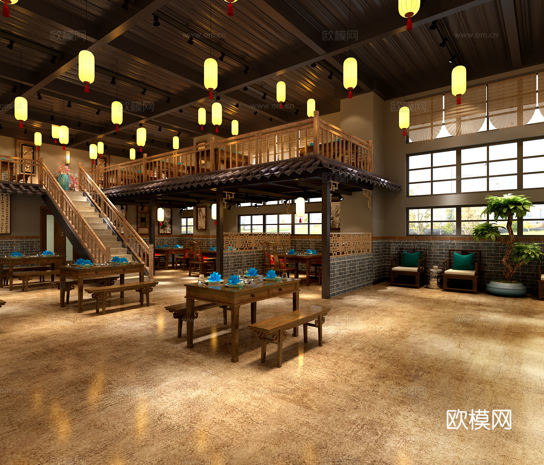 中式风格餐馆3d模型下载（渲染图3）