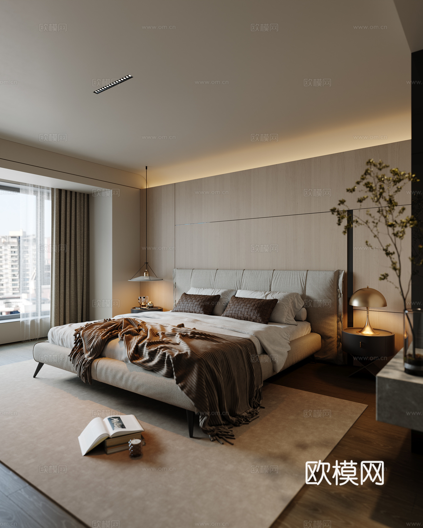 中古卧室 双人床 吊灯 地毯 床头柜 梳妆台3d模型下载（渲染图1）