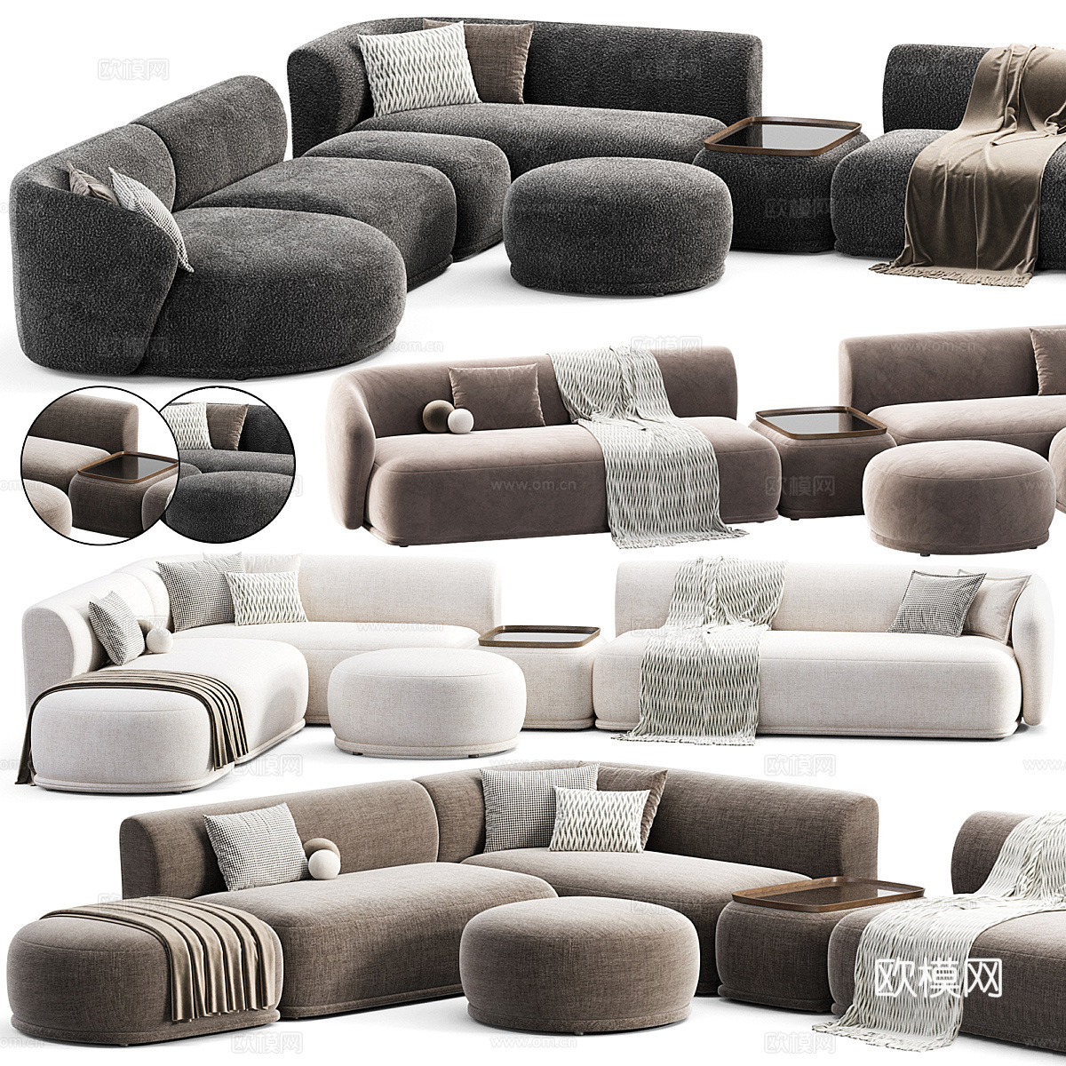 现代意式 Meridiani Rene 布艺组合沙发3d模型下载（渲染图3）