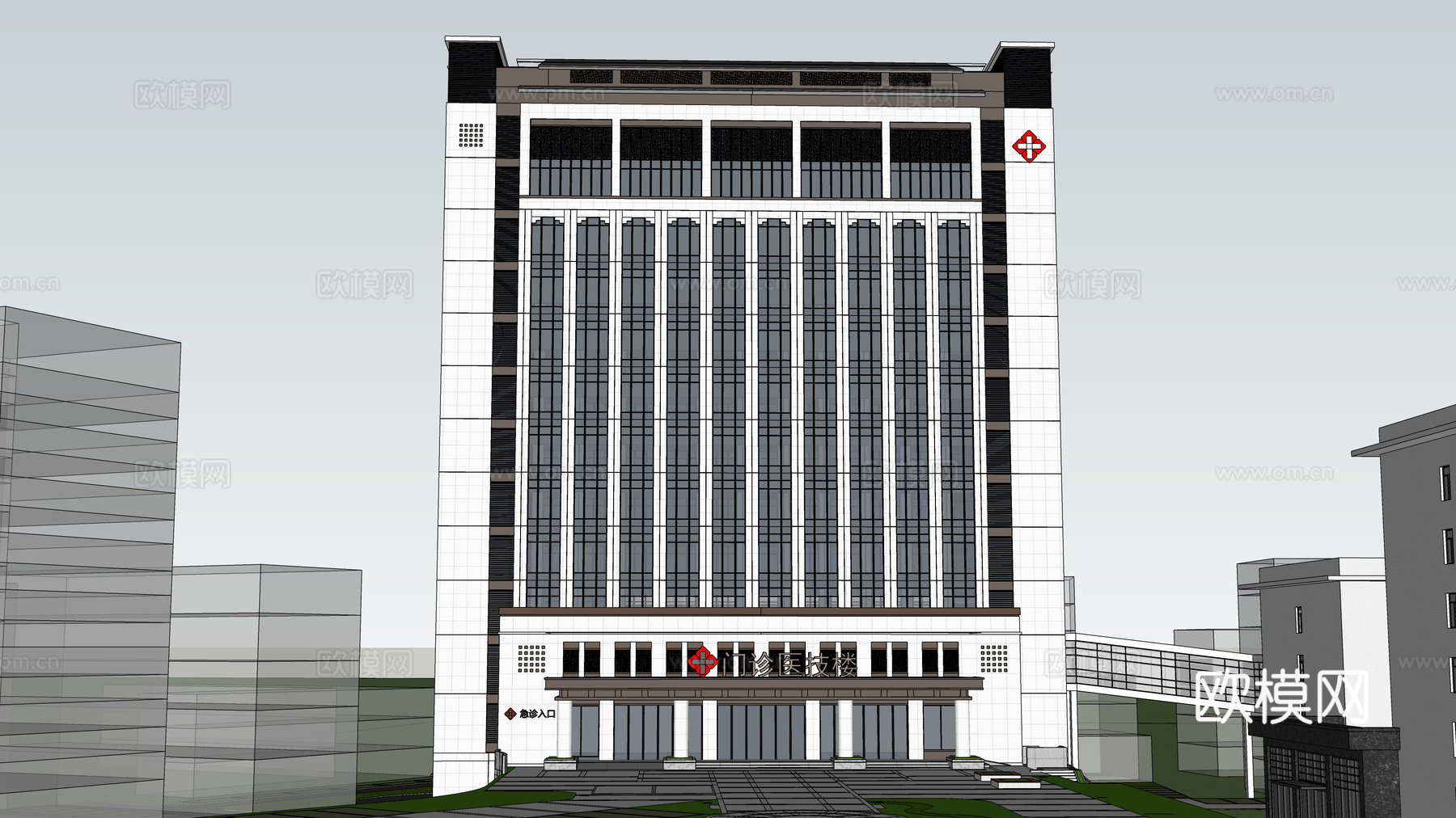 新中式医院建筑外立面su模型