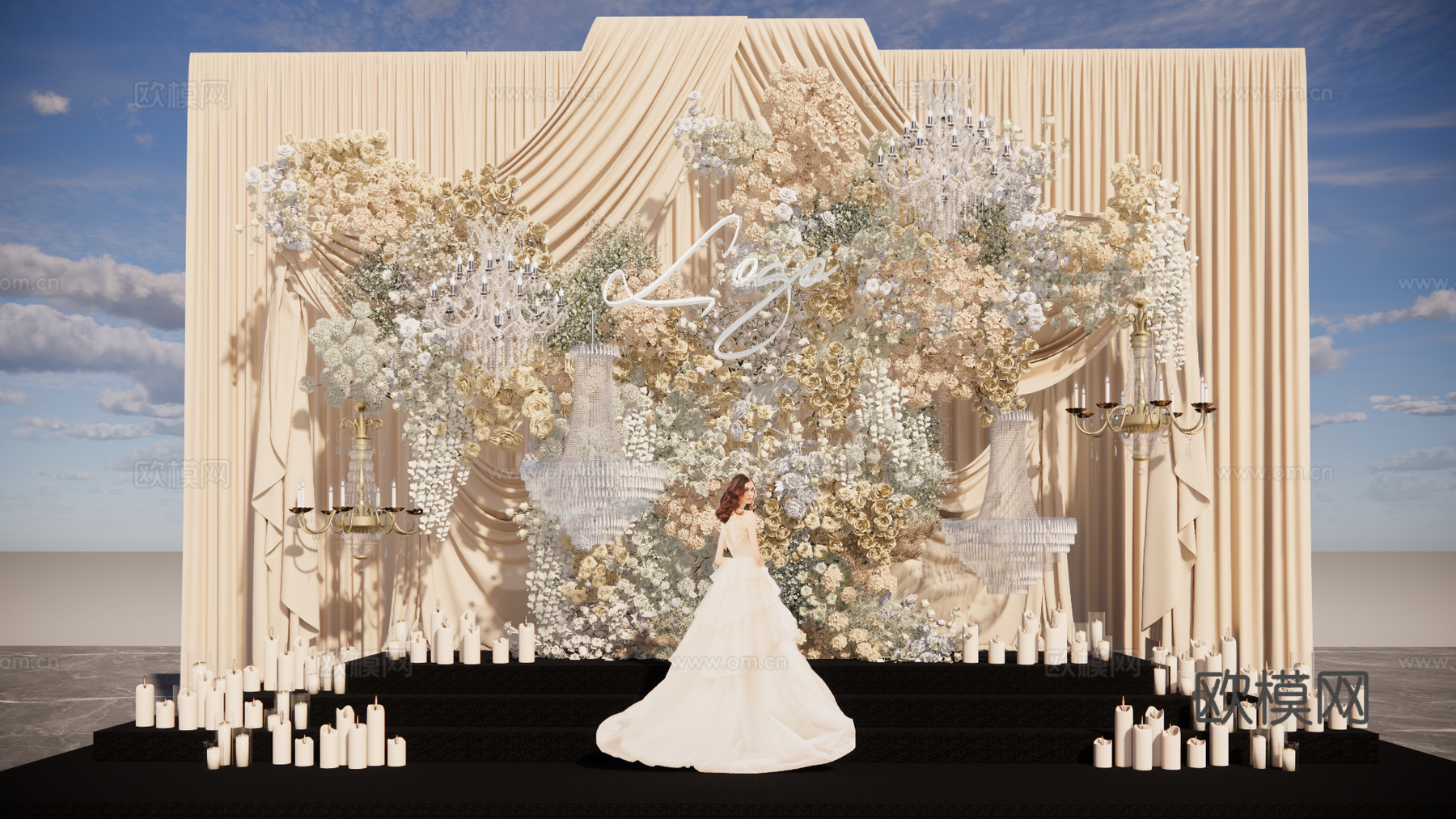 浅香槟色布幔花艺婚礼美陈su模型