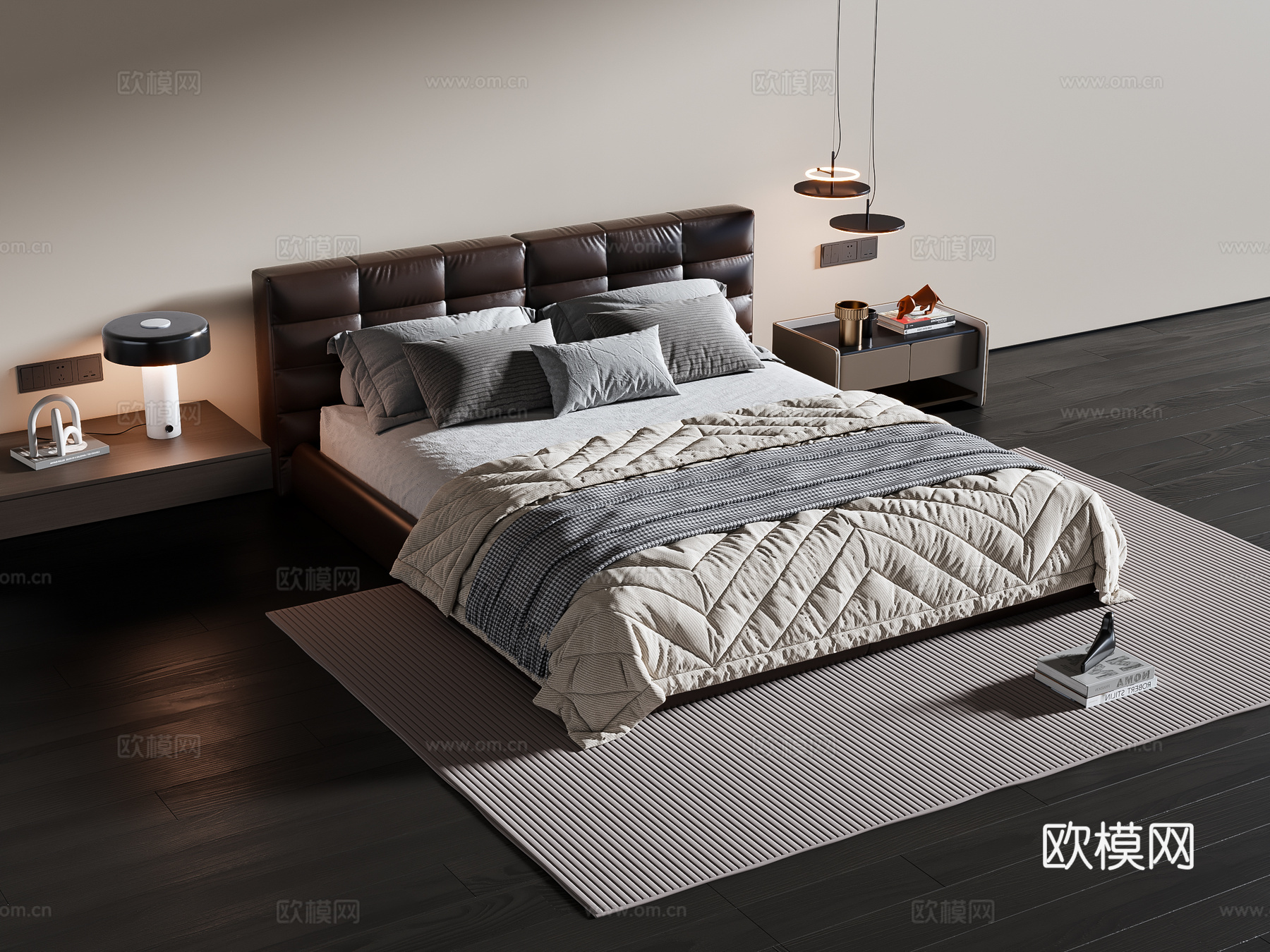 现代意式双人床 皮质双人床 床头柜 地毯su模型