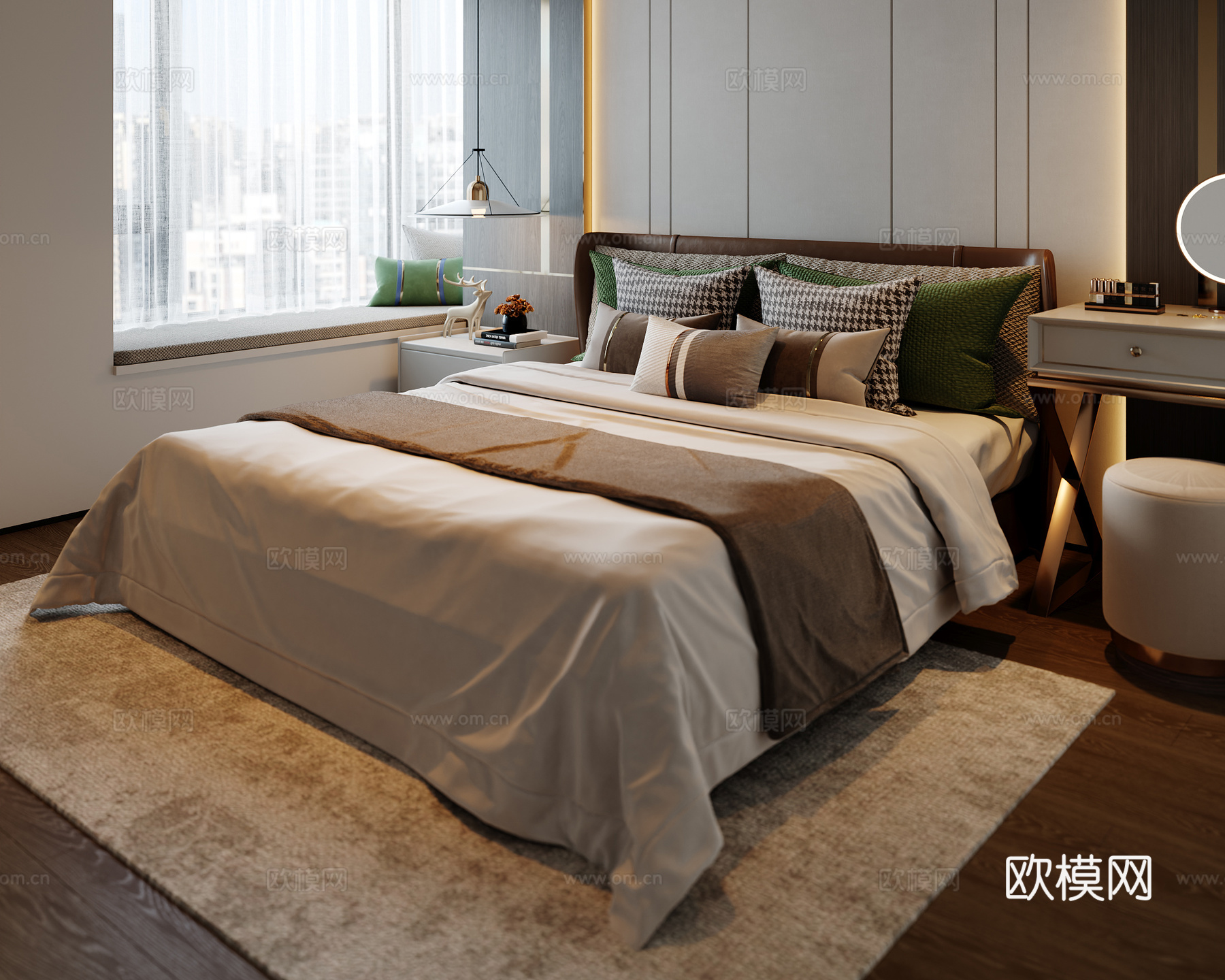 现代卧室 双人床 吊灯 地毯 床头柜 梳妆台3d模型下载（渲染图2）