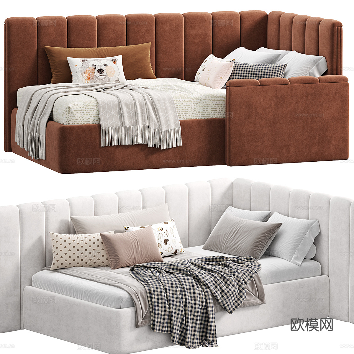 现代奶油风儿童布艺沙发床3d模型下载（渲染图3）