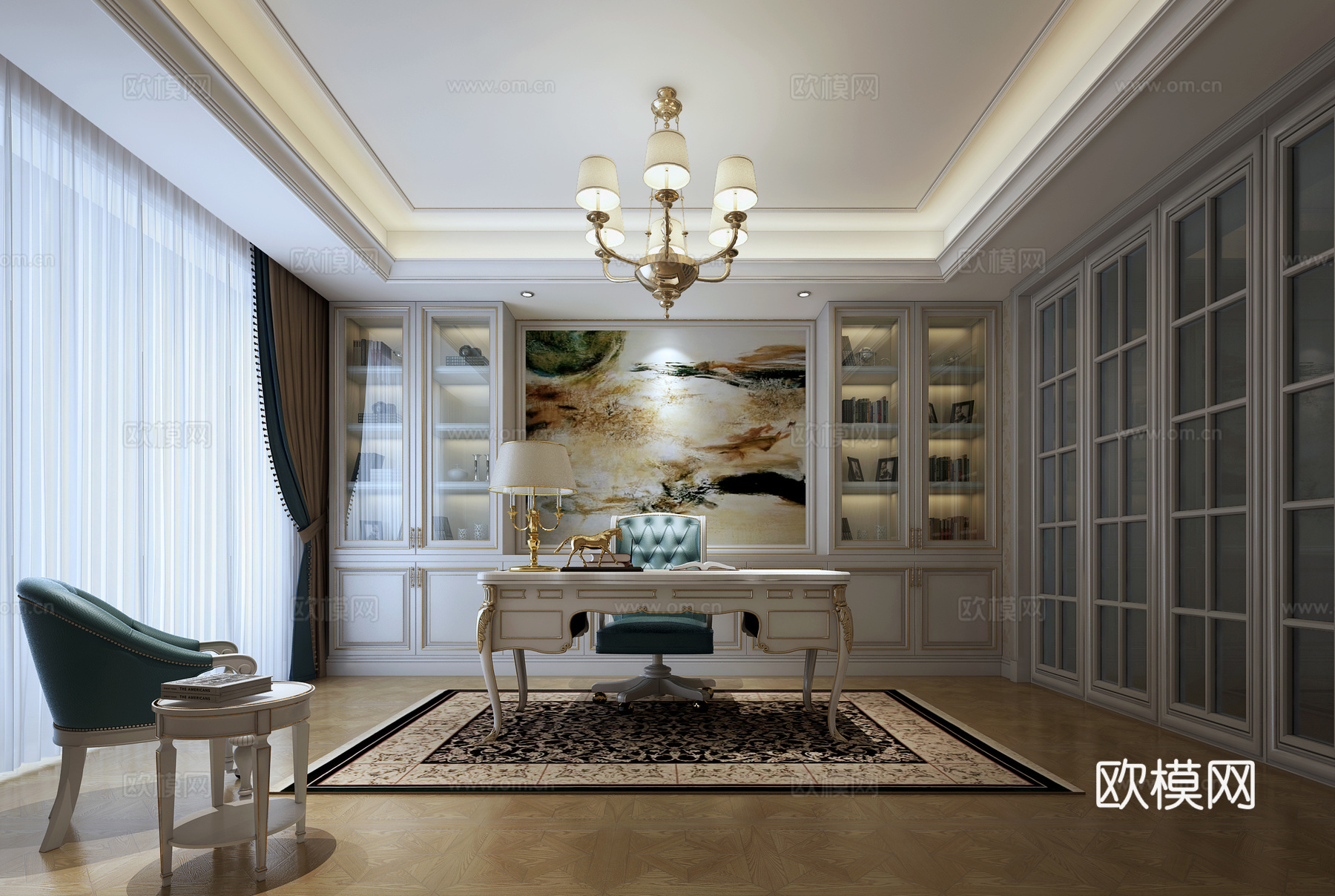 欧式古典书房 书桌 书柜 地毯 休闲椅 移门 吊灯3d模型下载