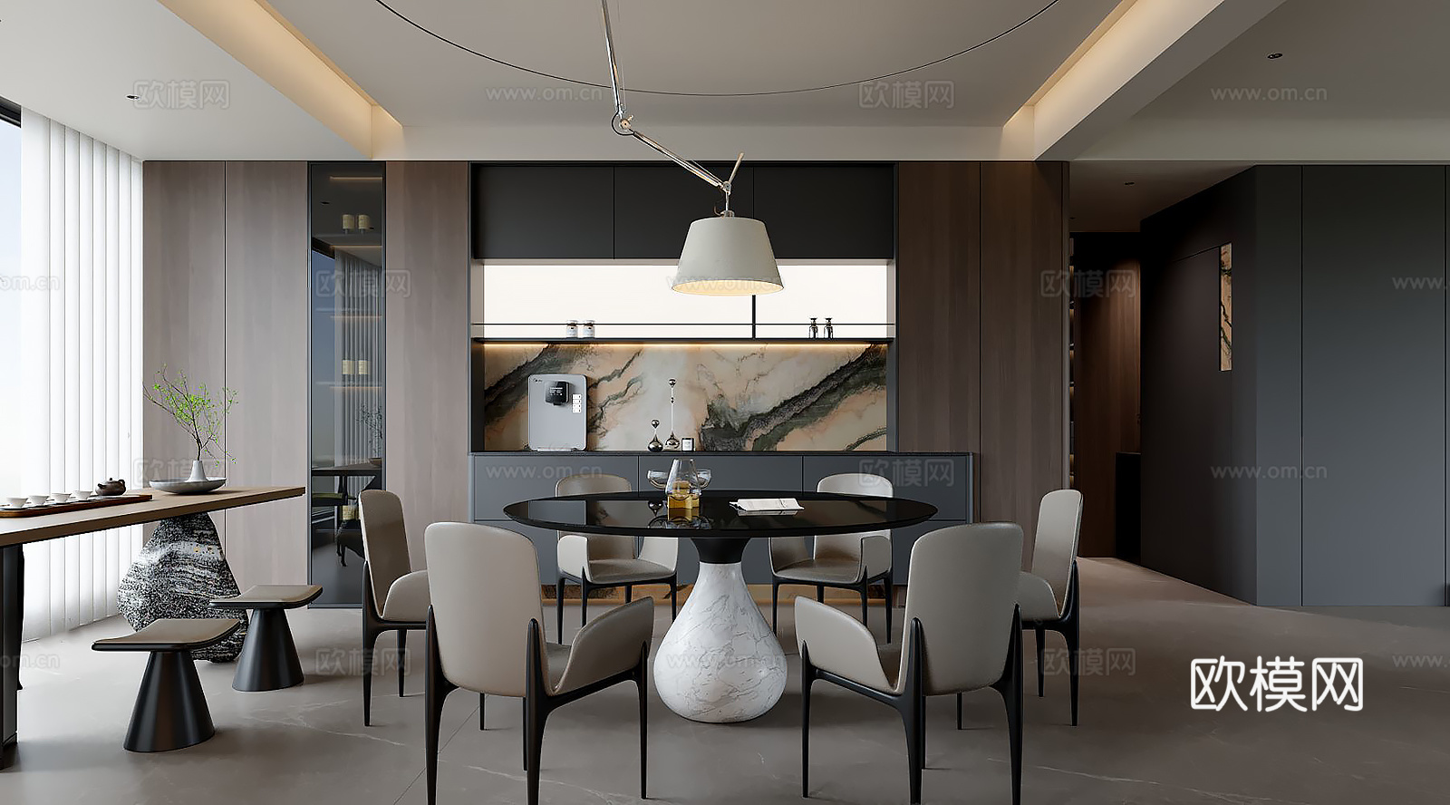 现代餐厅酒柜茶桌 意式西厨餐厅餐柜 极简餐厅圆餐桌椅 极简餐su模型