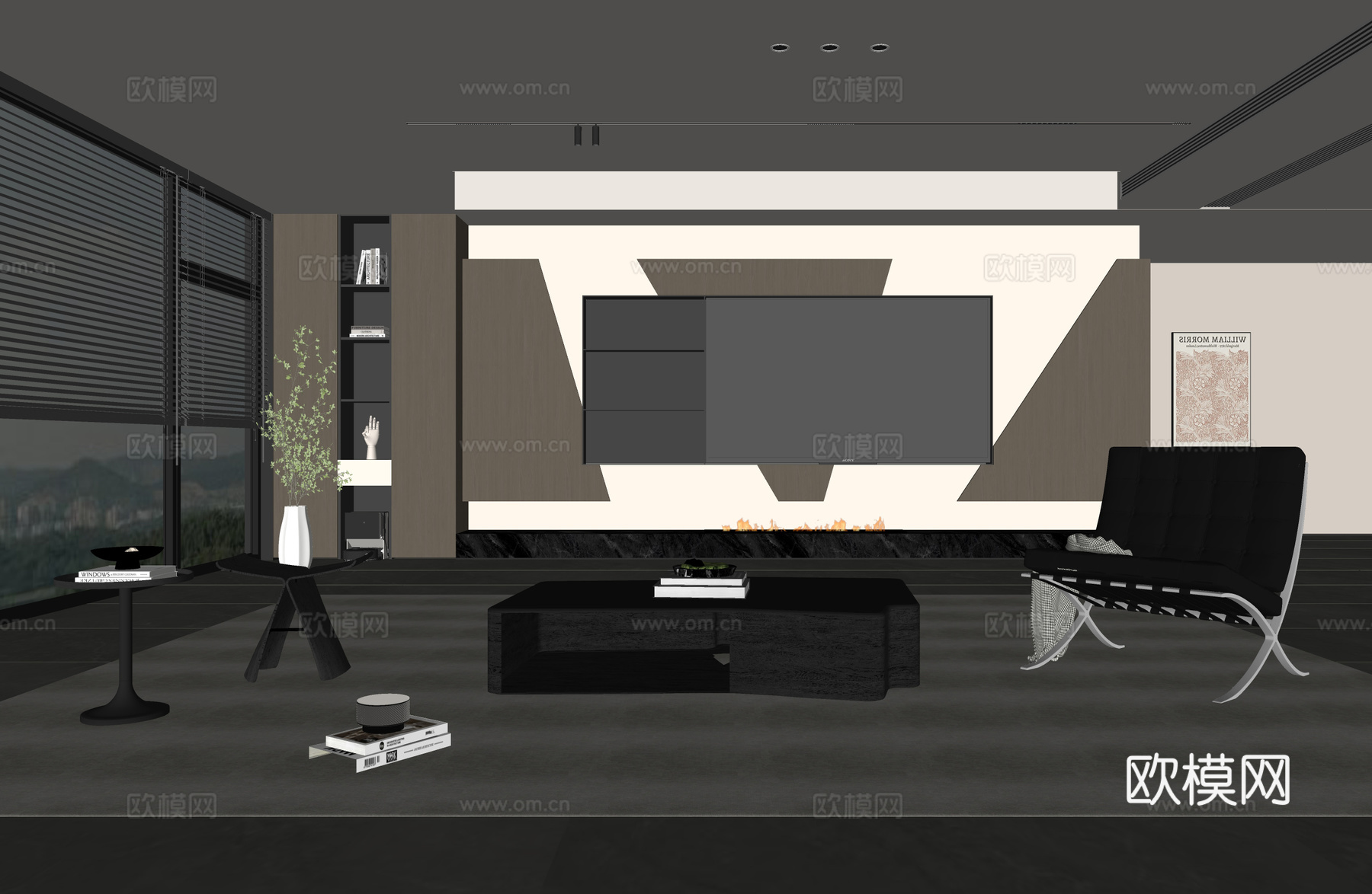 意式客厅 现代客厅 电视背景墙 电视柜 客厅背景 沙发茶几组su模型