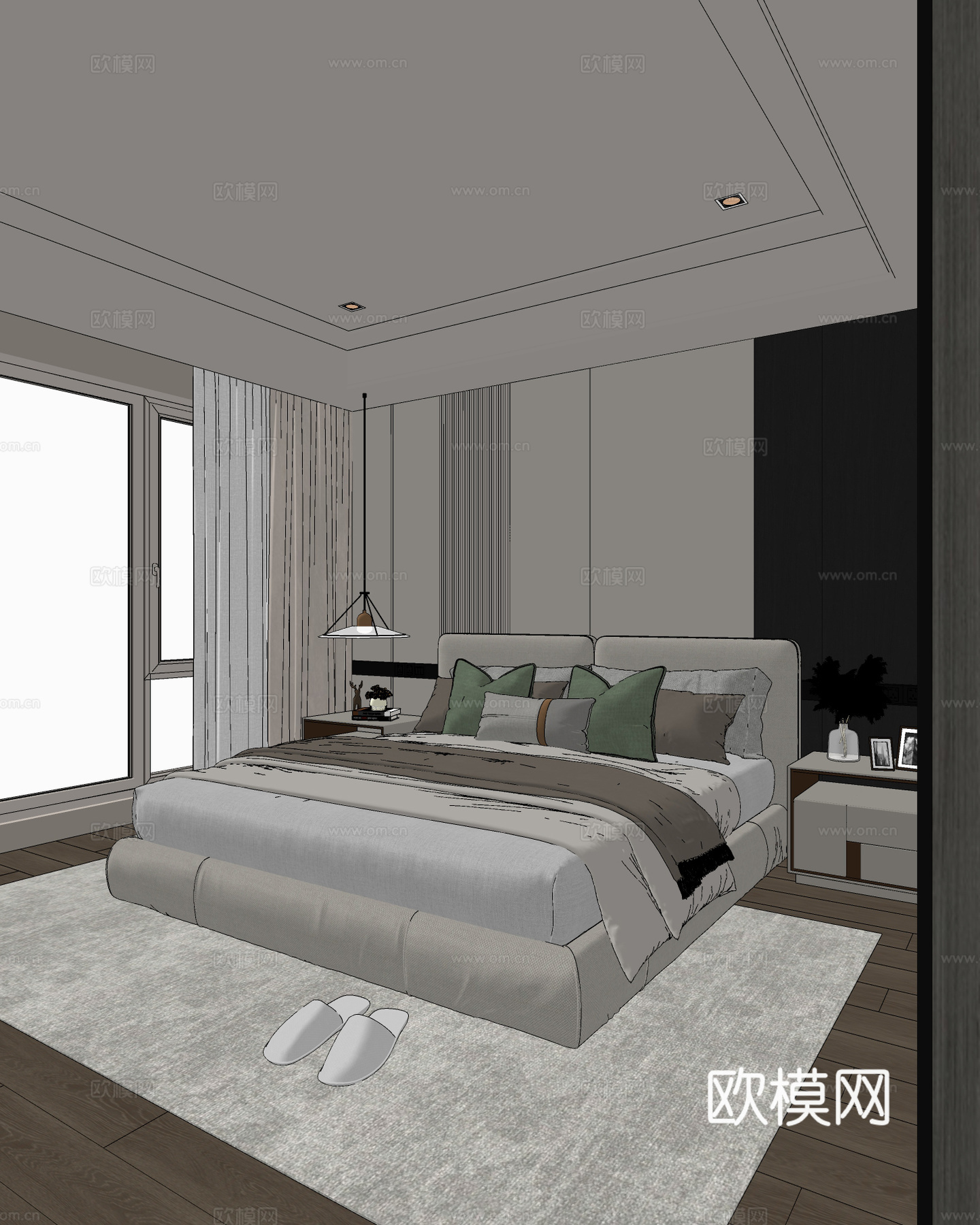 现代卧室 双人床 吊灯 地毯 床头柜su模型
