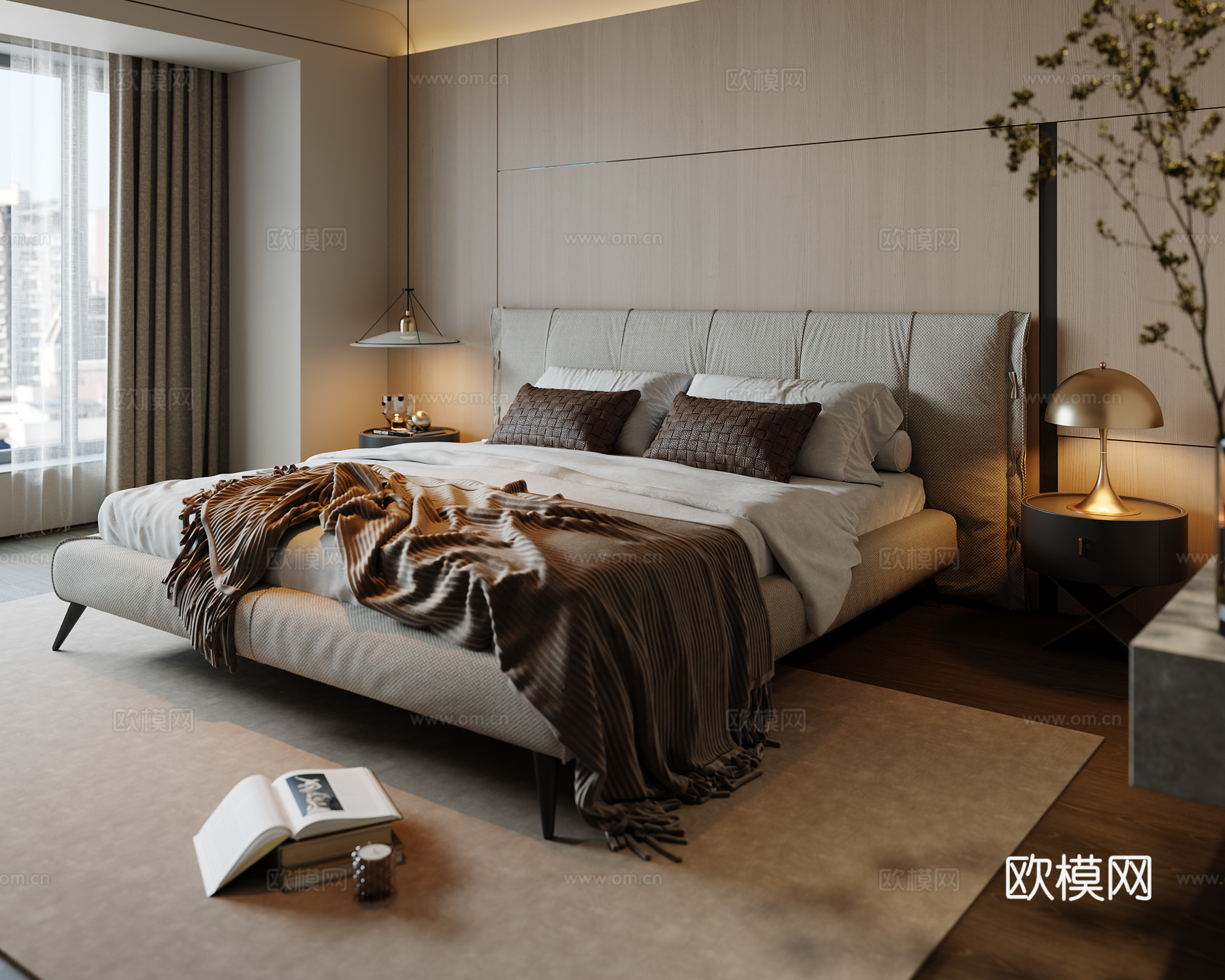 中古卧室 双人床 吊灯 地毯 床头柜 梳妆台3d模型下载（渲染图2）