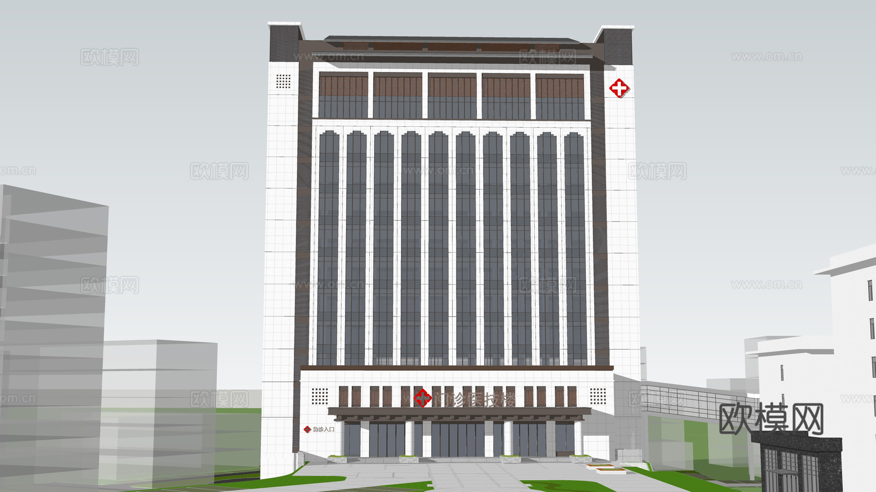 新中式医院建筑外立面su模型