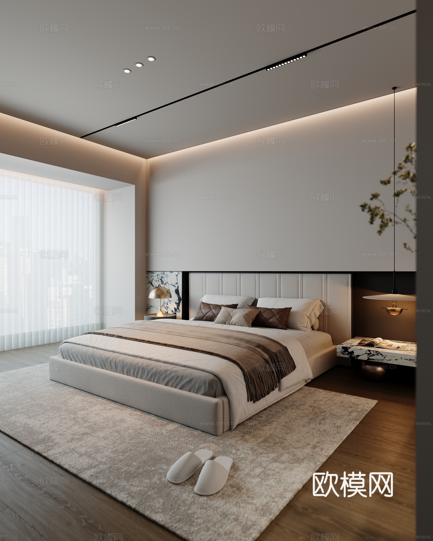 现代卧室 双人床 吊灯 地毯 床头柜su模型
