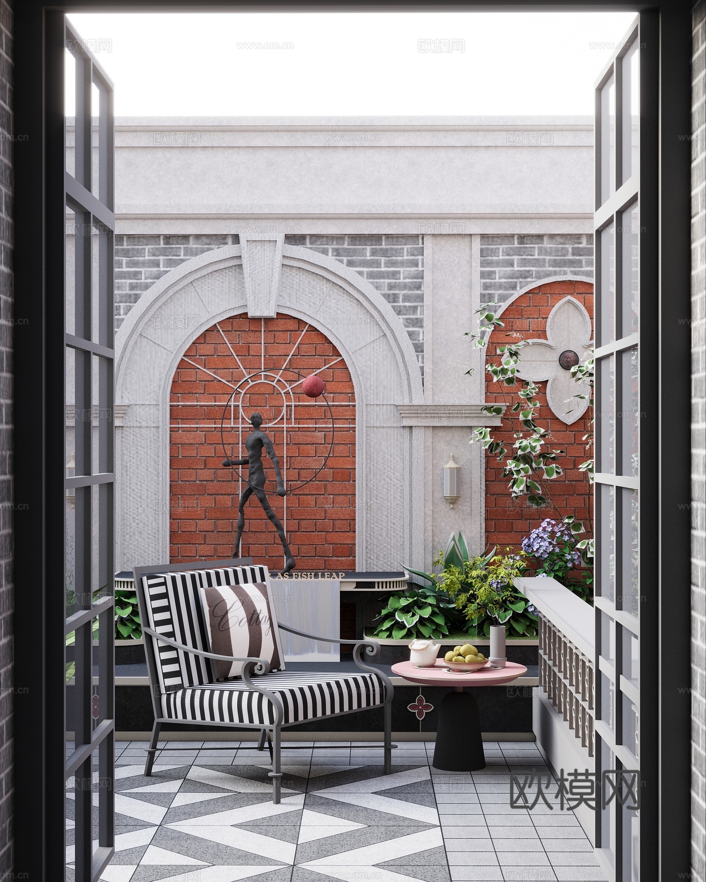 现代南法 复古别墅洋房 示范区 庭院花园 围墙景墙 休闲椅su模型