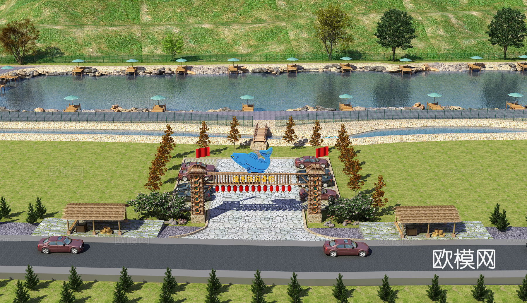 垂钓 钓鱼 景区 大门 钓鱼场 滨水 户外垂钓 鱼池3d模型
