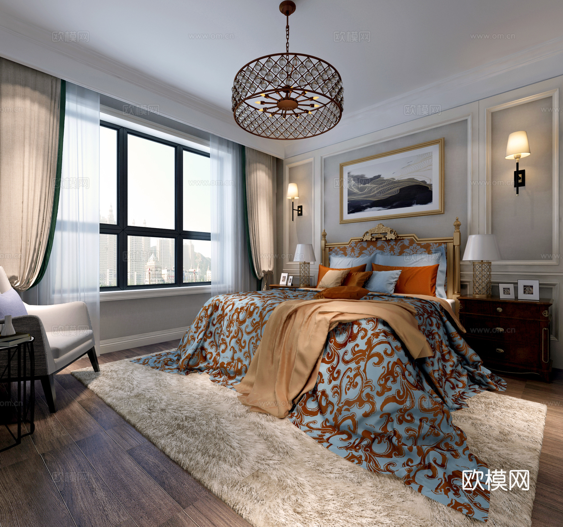 简欧卧室 吊灯挂画3d模型