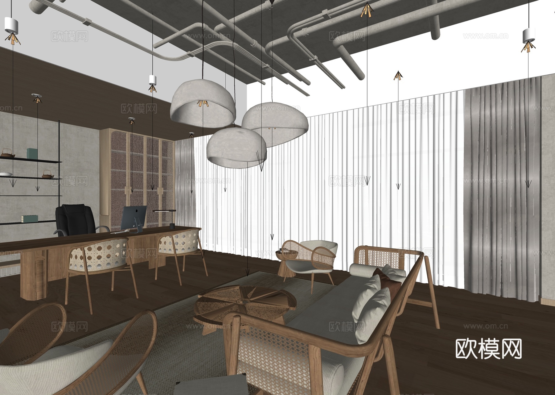 侘寂经理办公室 办公桌椅 沙发组su模型