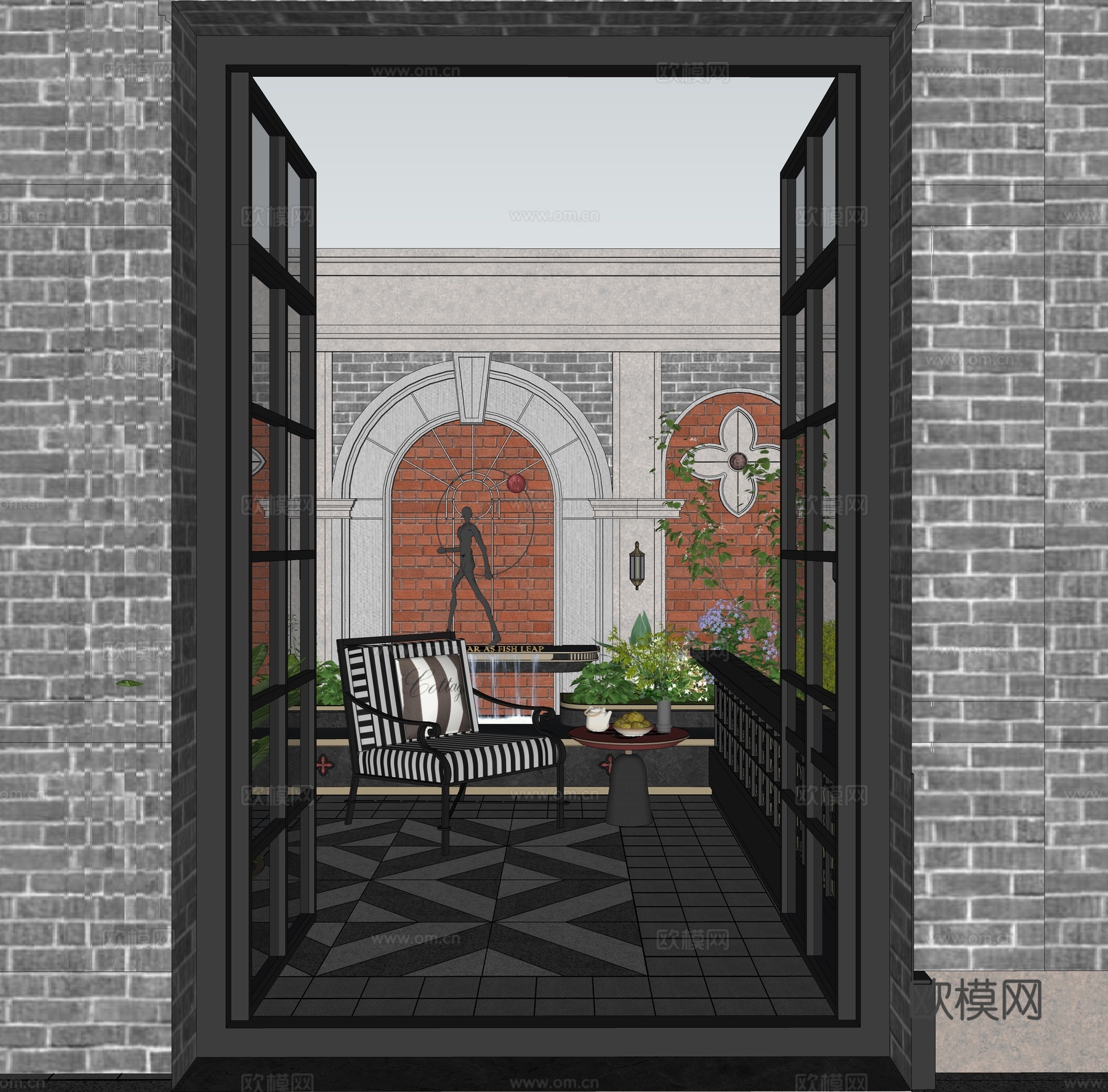 现代南法 复古别墅洋房 示范区 庭院花园 围墙景墙 休闲椅su模型