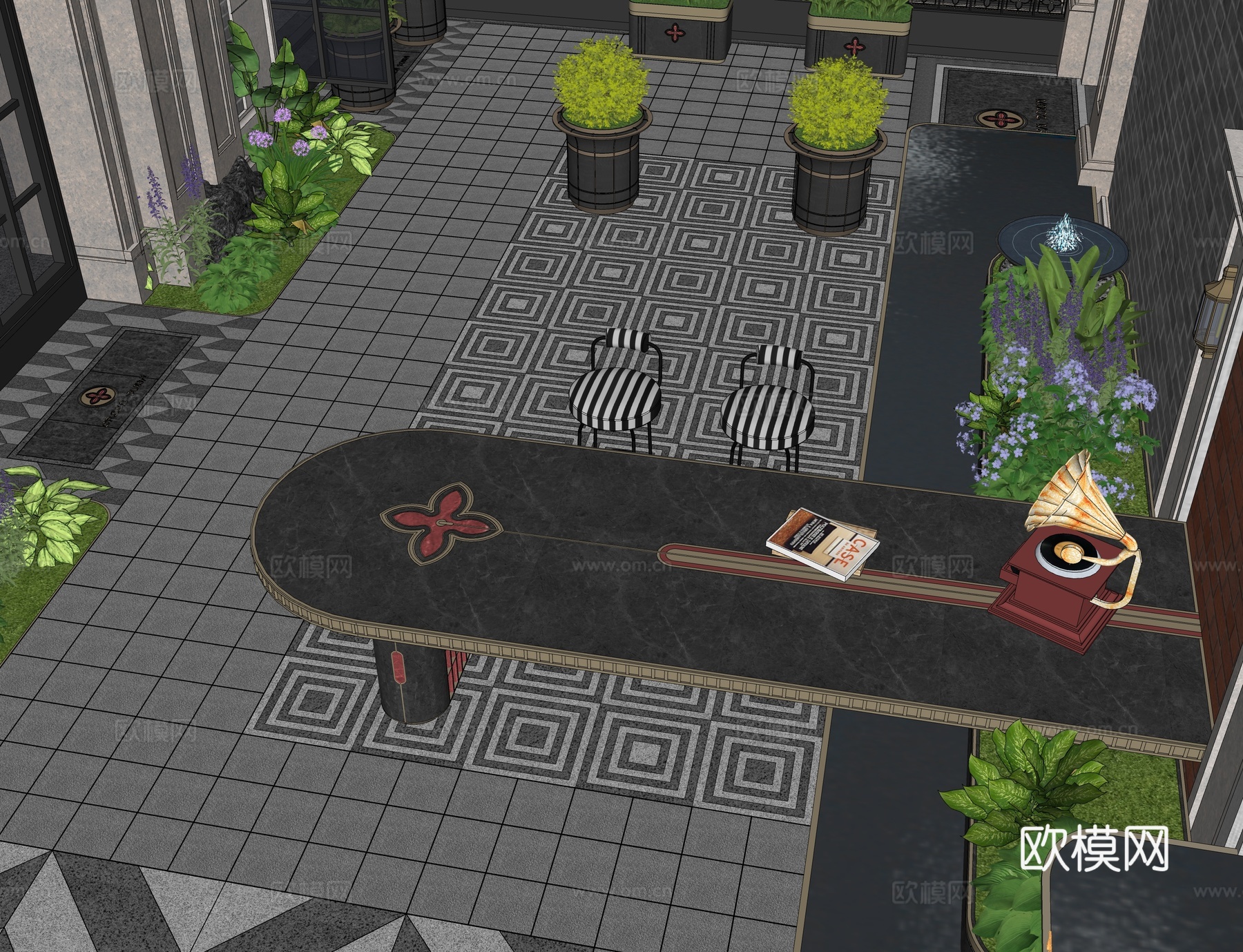 现代南法 复古别墅洋房 示范区 庭院花园 围墙景墙 水吧台su模型