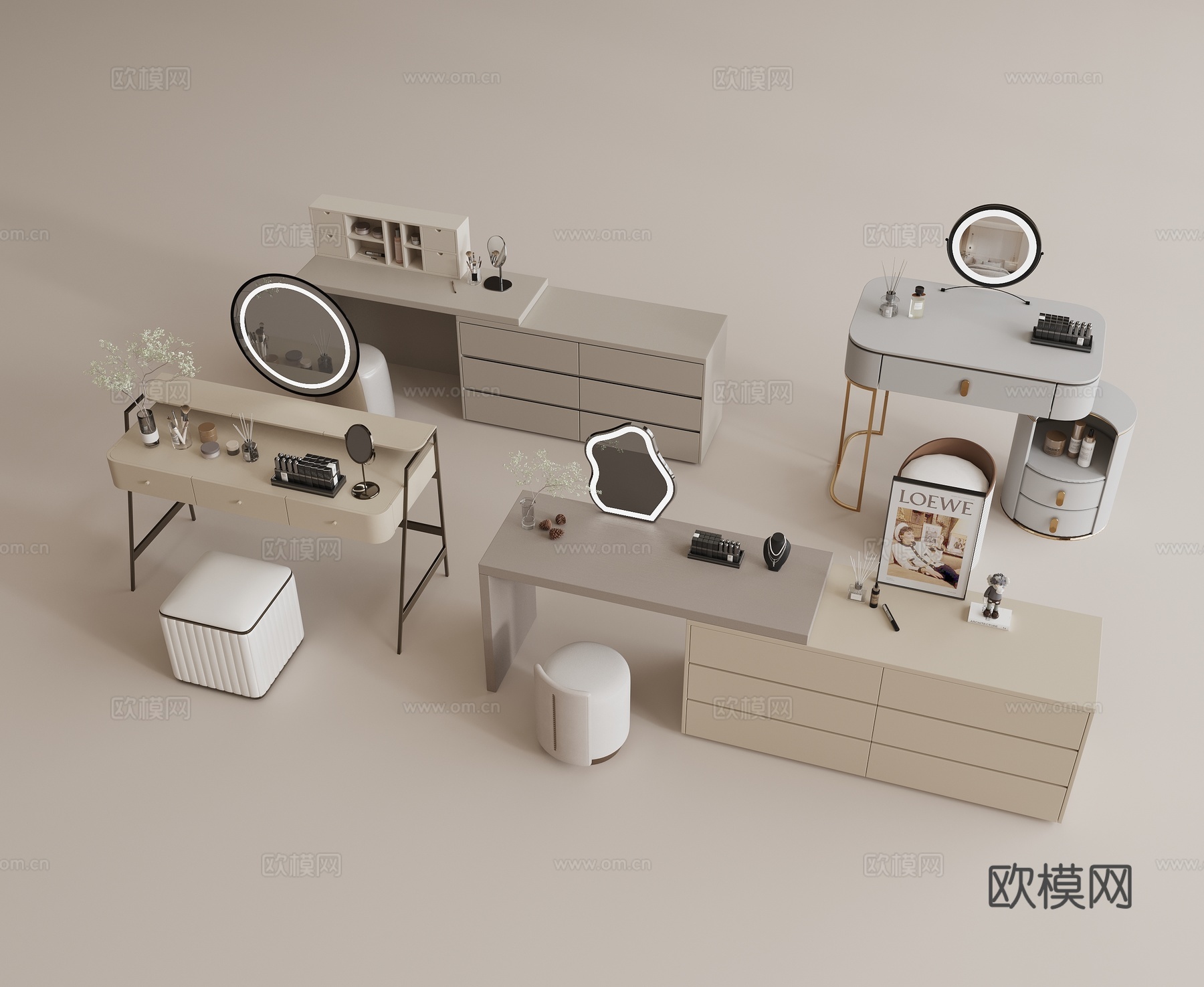 梳妆台 梳妆椅 矮凳 镜子 化妆品 饰品su模型
