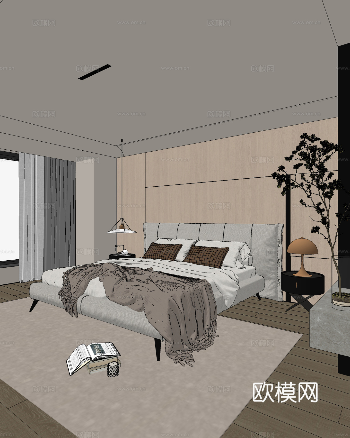 中古卧室 双人床 吊灯 地毯 床头柜 梳妆台su模型