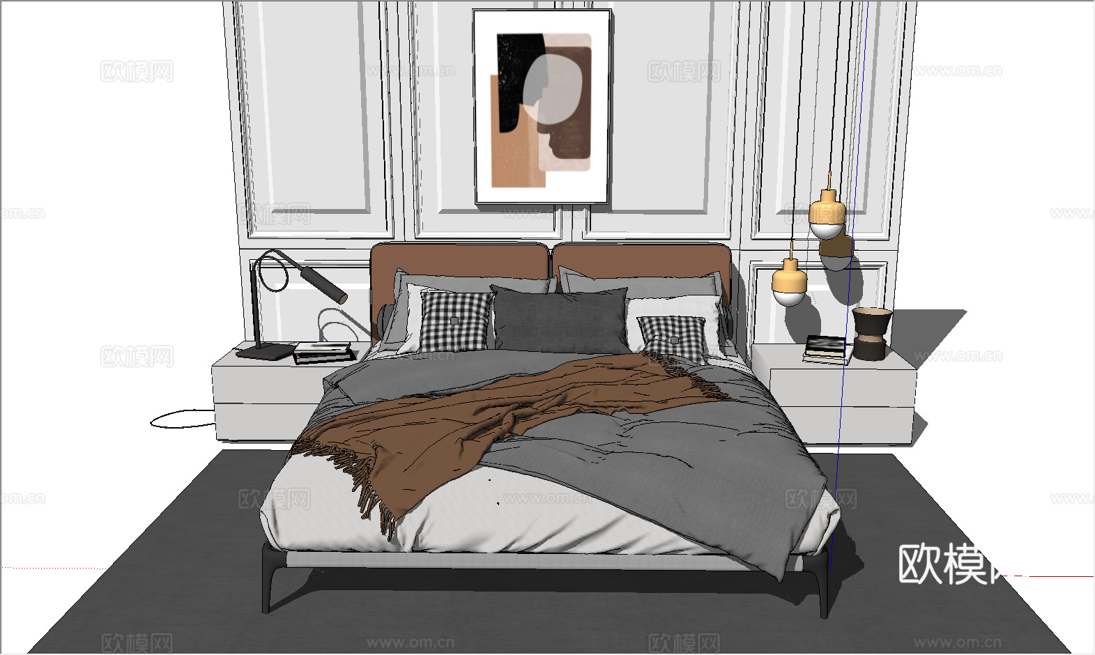 现代风格双人床_床头柜_台灯_雕塑_摆件su模型