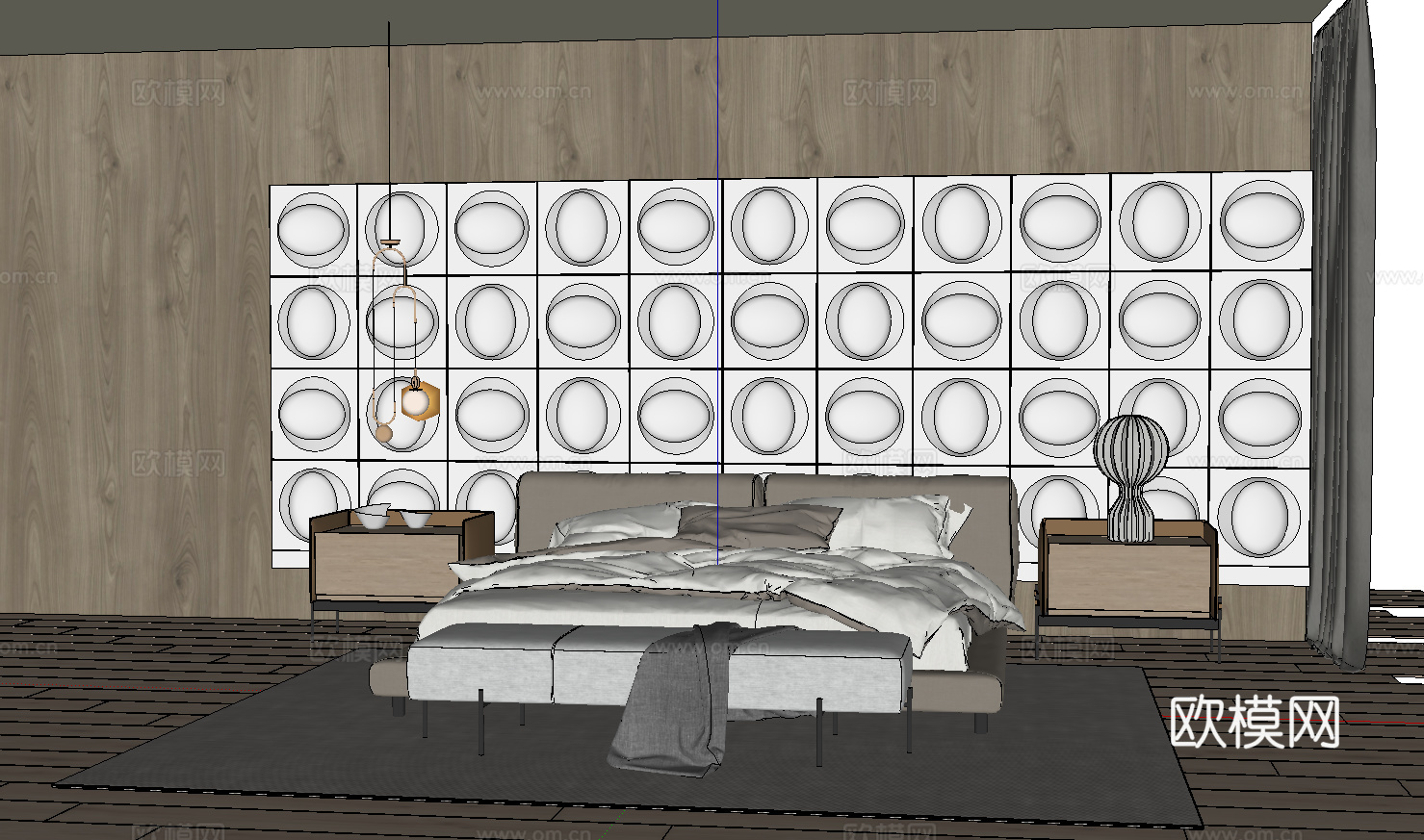 现代双人床_床头柜_植物_雕塑摆件su模型下载