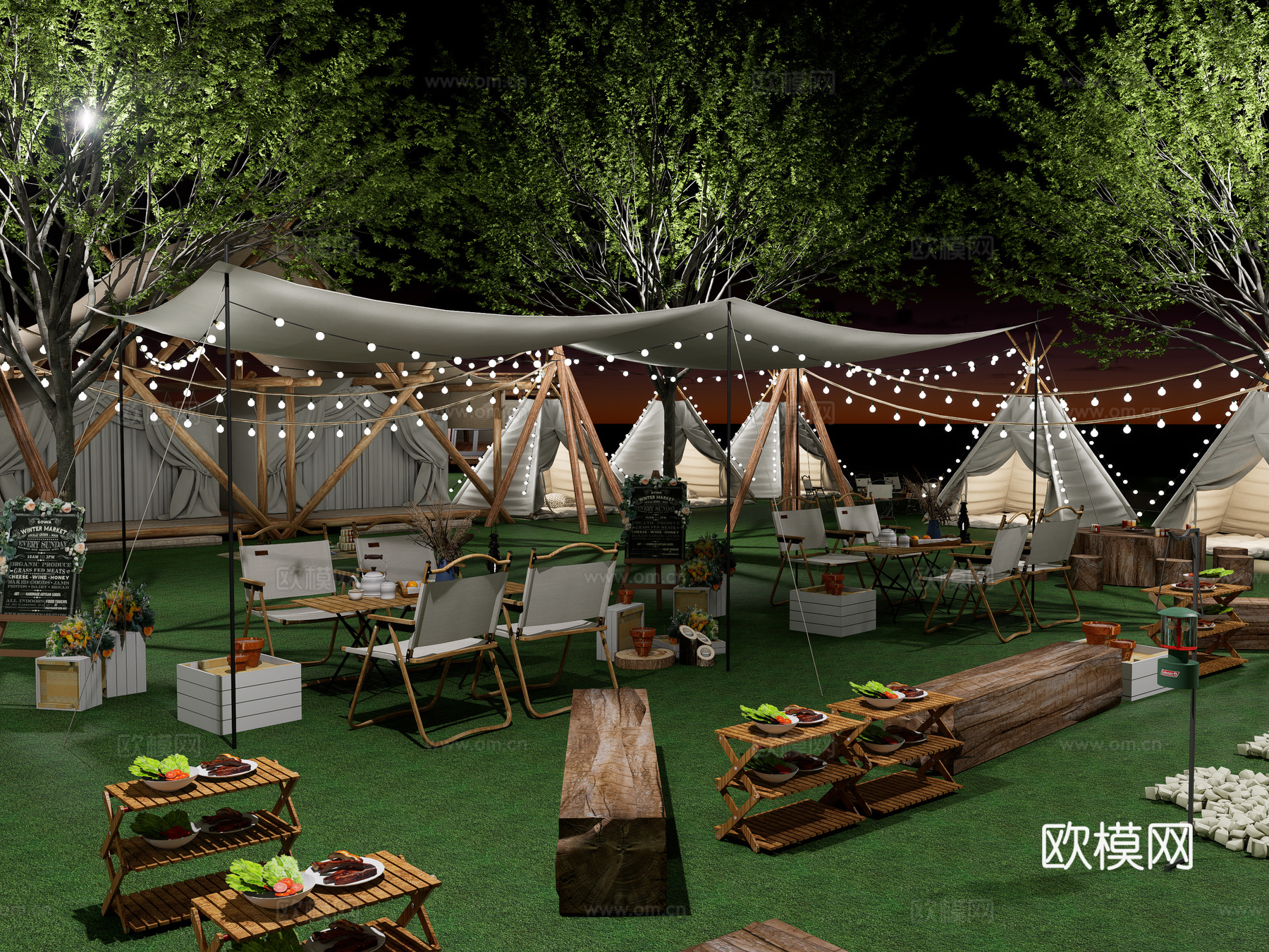 现代露营公园景观 户外露营帐篷 天幕帐篷 露营基地规划 草坪su模型