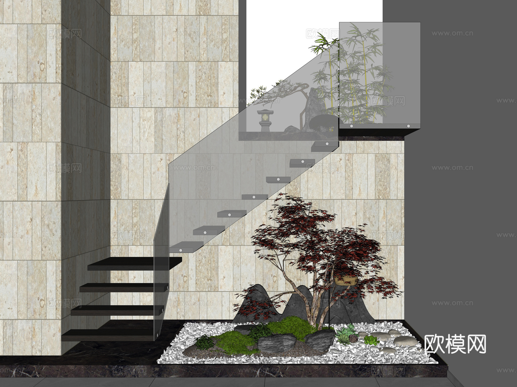 现代干景景观楼梯间 现代简约楼梯间 楼梯景观植物造景 楼梯su模型