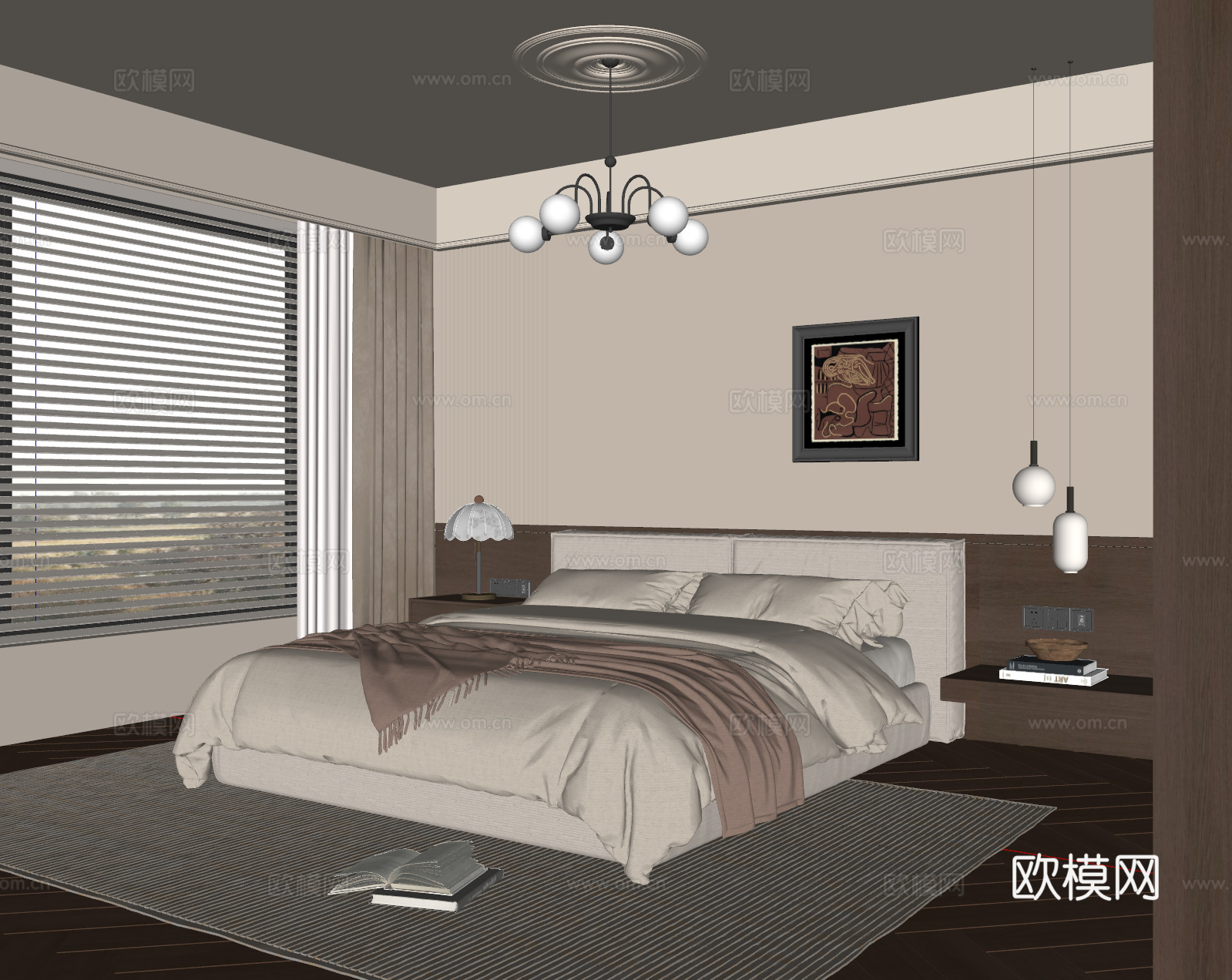 中古风卧室 布艺双人床 床头柜 吊灯 挂画 地毯su模型