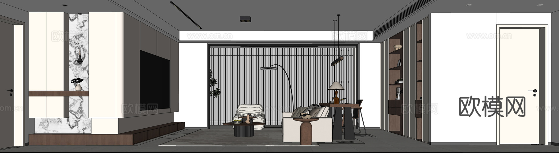 现代意式、极简、客厅、客餐厅、餐厅、开放式厨房su模型