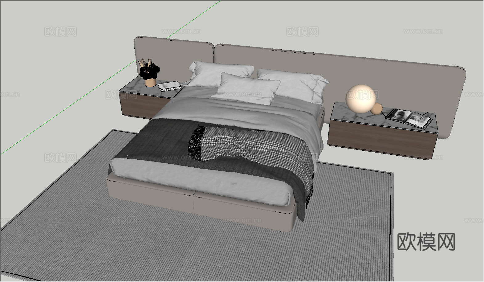 现代风格双人床_床头柜_台灯_雕塑_摆件su模型