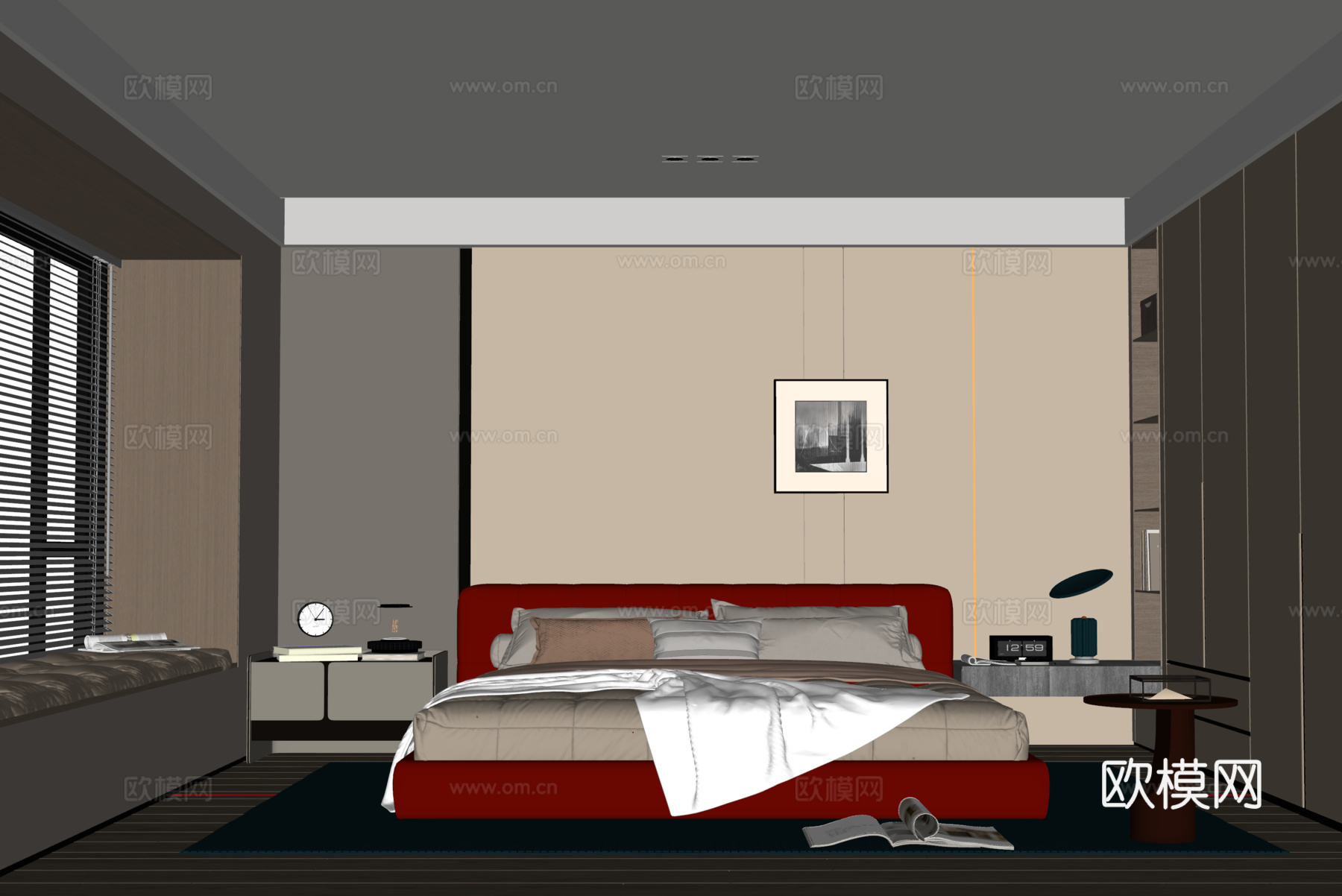 意式现代卧室 双人床 床头柜su模型