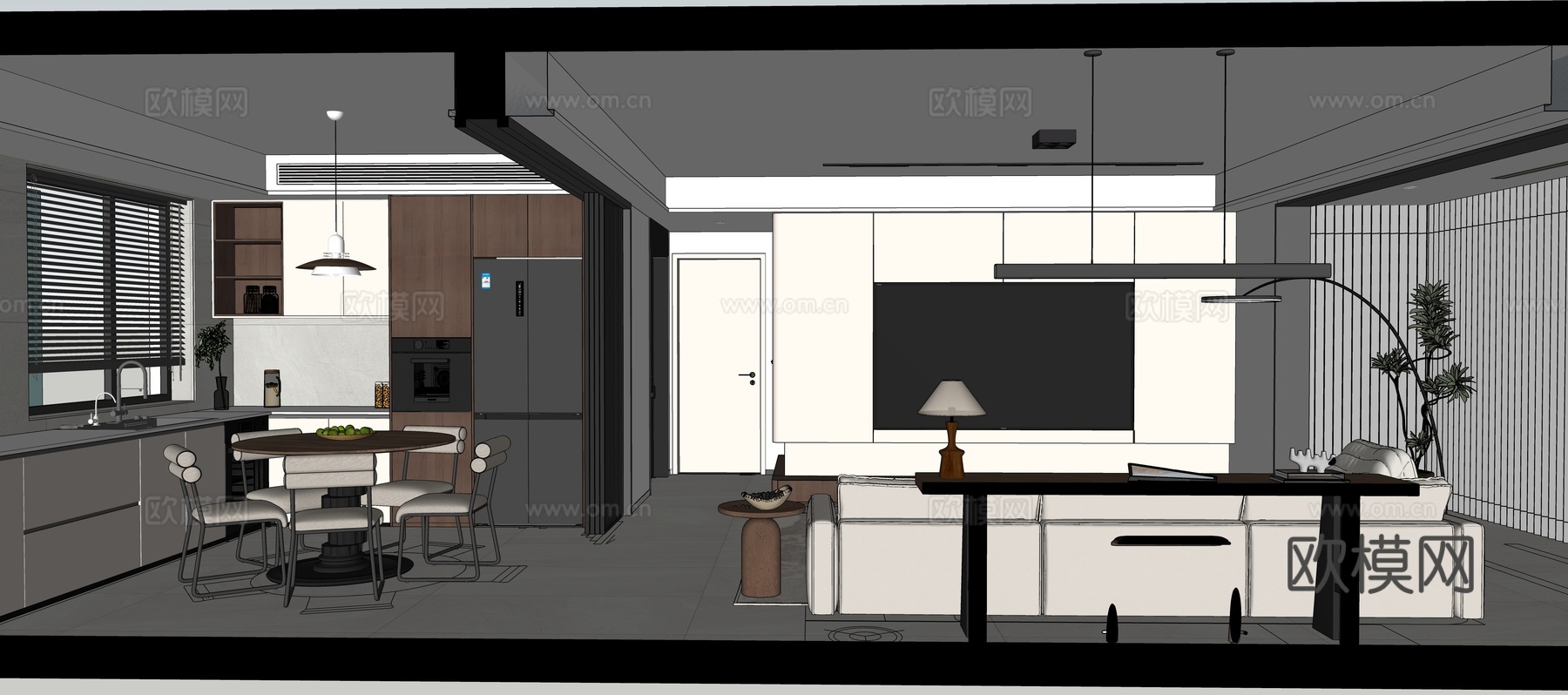 现代意式、极简、客厅、客餐厅、餐厅、开放式厨房su模型