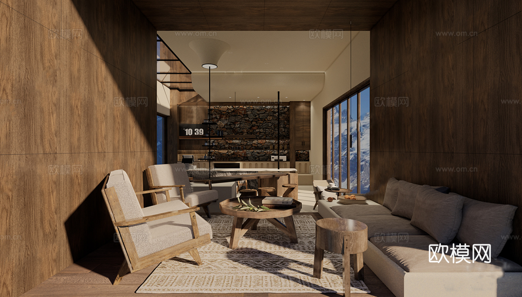 侘寂风民宿接待大厅 吧台 民宿大堂su模型