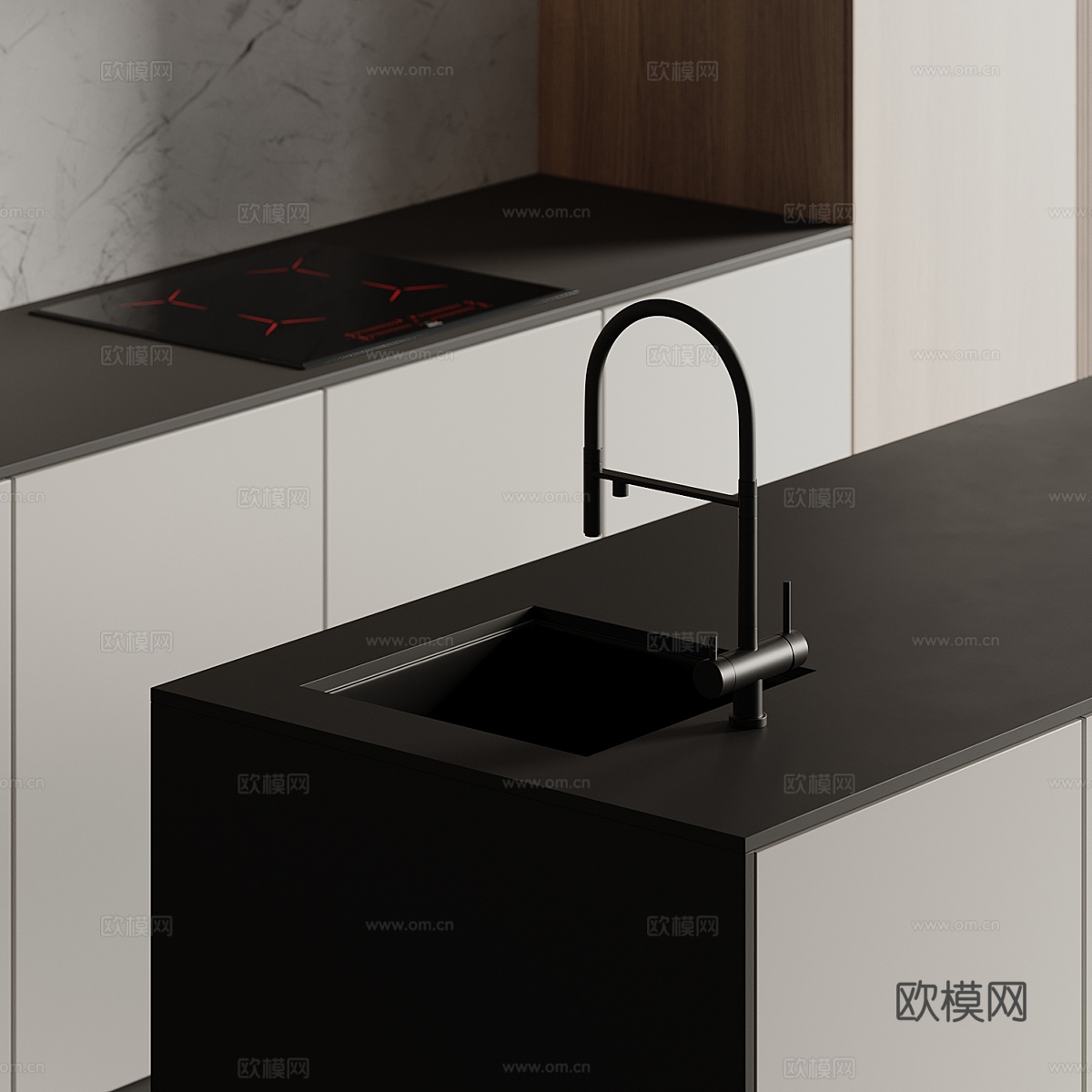 现代极简橱柜 岛台3d模型下载（渲染图3）